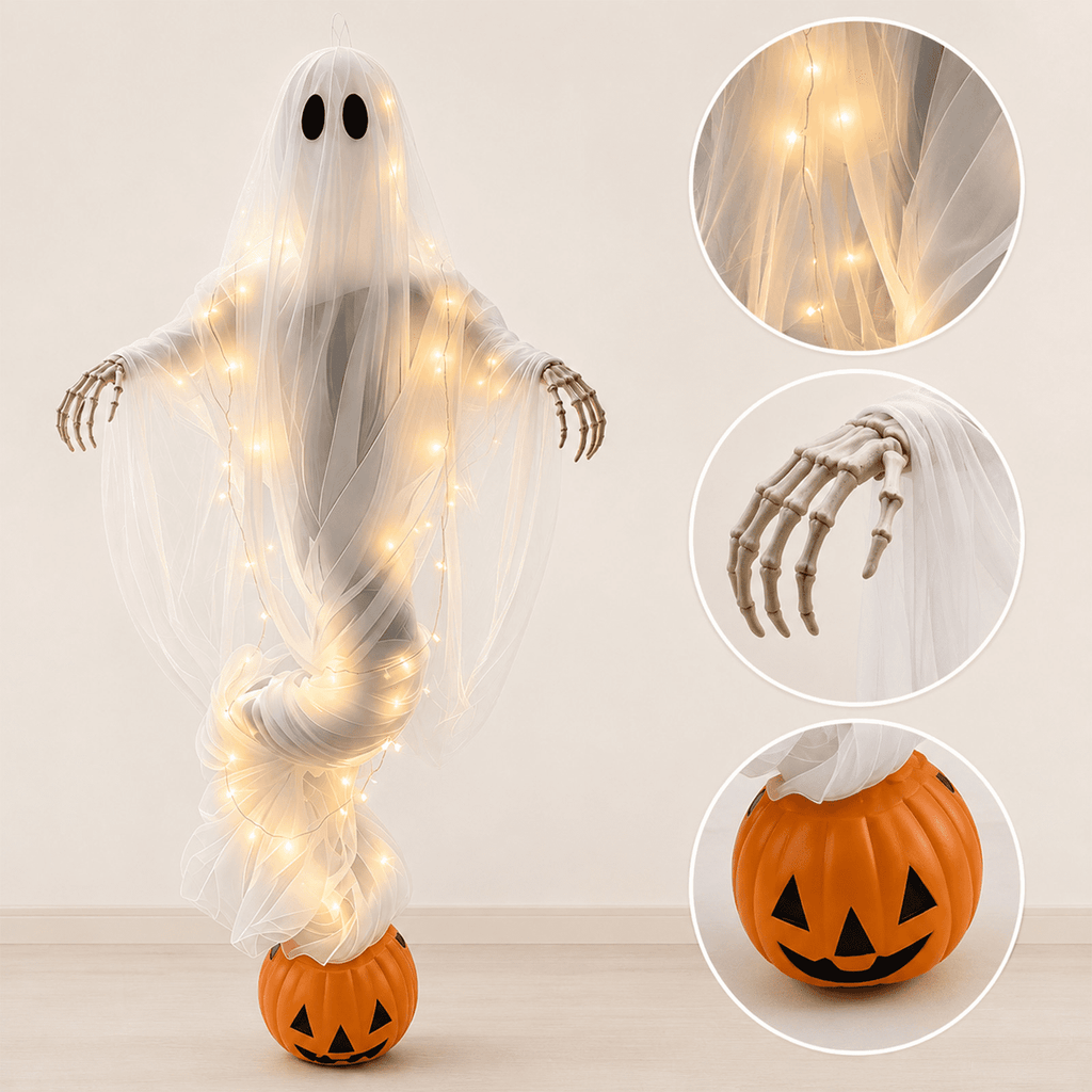 Swirling Ghost Pumpkin Yard Lamp, Lighted Spooky Ghost Statue, Warm LED Halloween Decorations Outdoor, Fall Autumn Garden Lawn Porch Pathway Ornament for Halloween Party Decoration