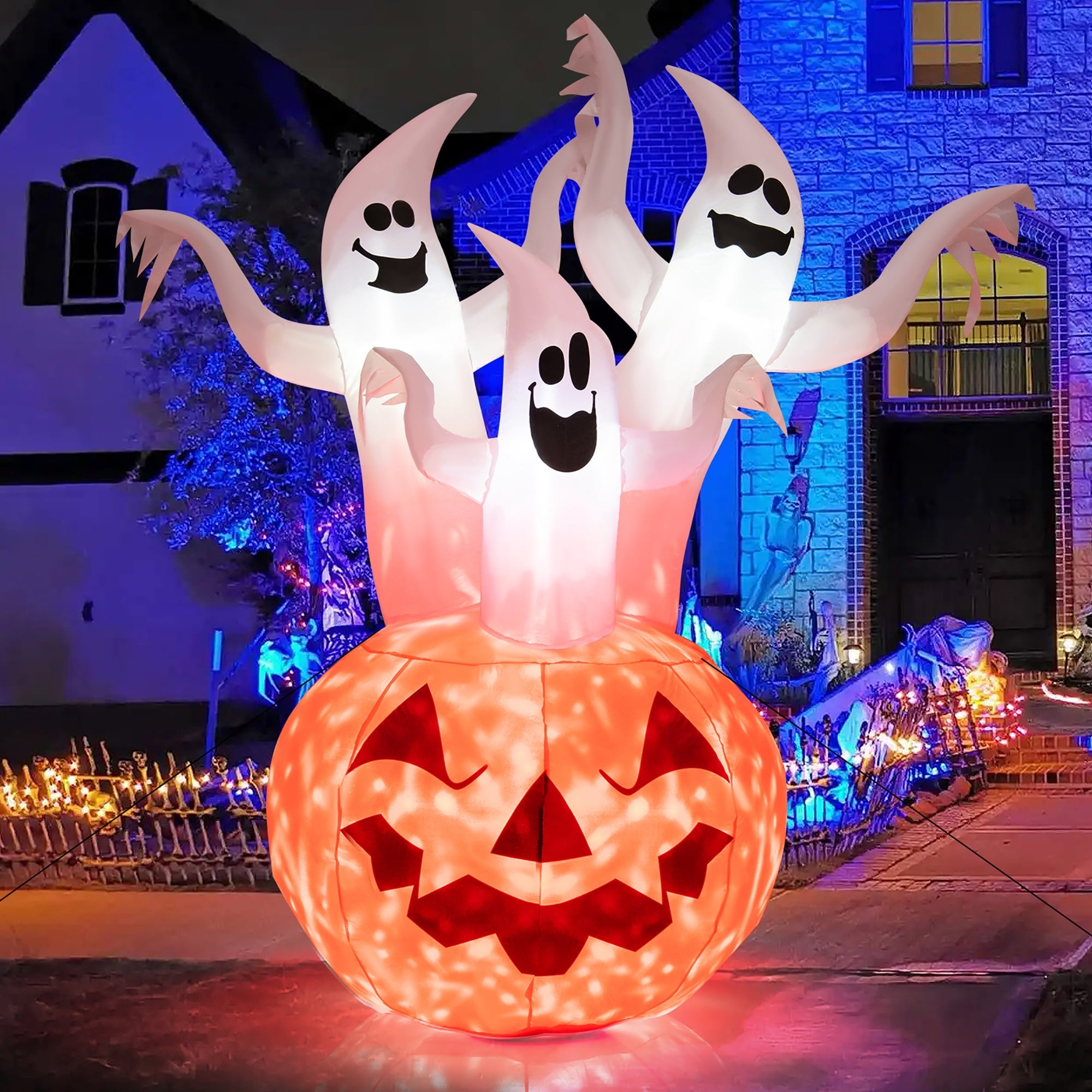 Costway 6 FT Inflatable Halloween Tree White Ghosts with Pumpkin Decor w/ Rotating Lamp