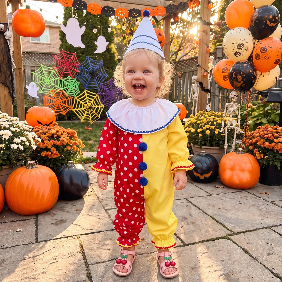 RUINIXCW Kids Toddler Baby Girl Boy Halloween Outfit Clown Costume Infant Baby Girl Boy Romper Birthday Photoshoot Outfit Contrast Color Long Sleeve Jumpsuit Hat