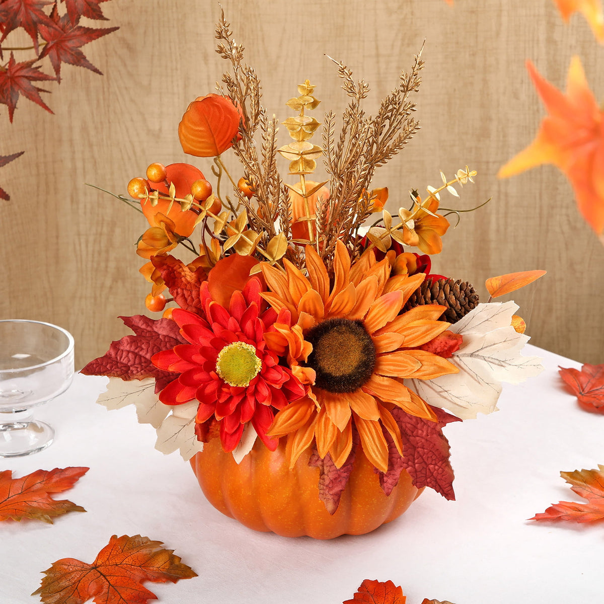 Briful 12.9"Artificial Pumpkin Floral Arrangement with Orange Sunflowers Leaves Fall Table Centerpiece for Harvest Autumn Décor