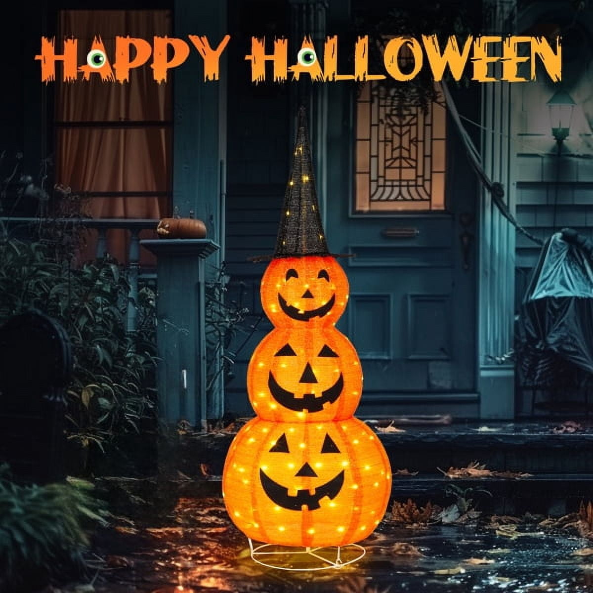 Alvantor 5 ft Lighted 3-Tier Pop-Up Pumpkin Halloween Decoration with Witch Hat and 100 LED Lights, Orange and Black