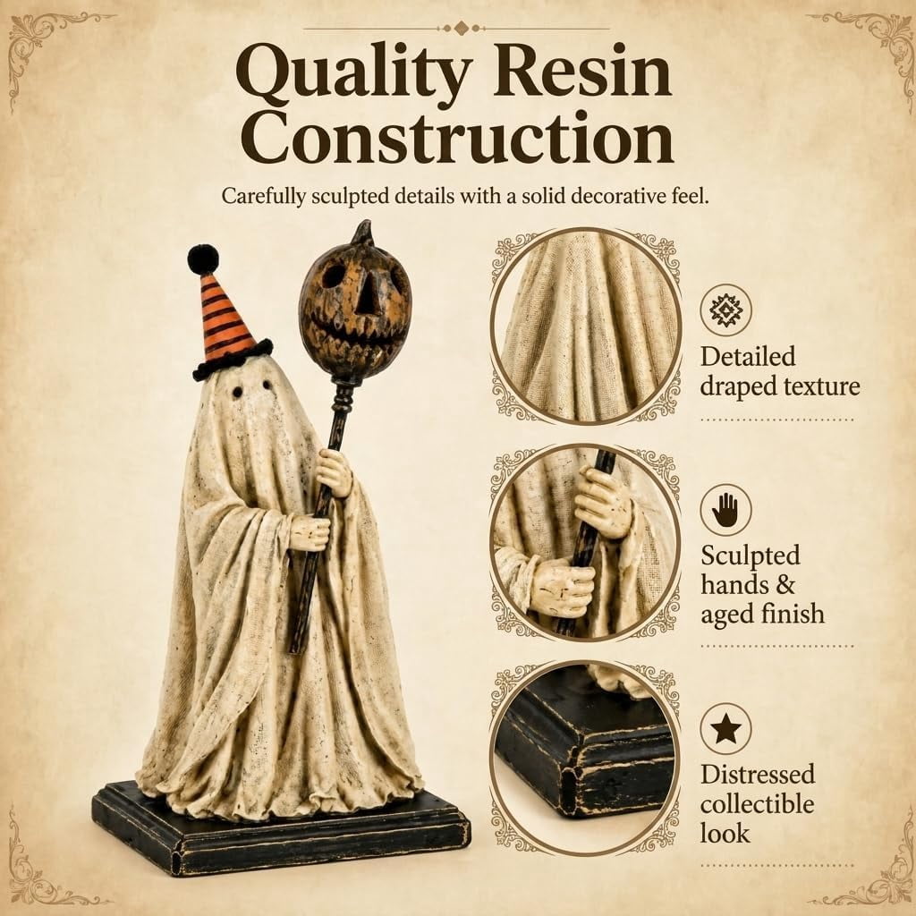 Lighted Vintage Ghost Figurine with Glowing Pumpkin Staff,Rustic Spooky Halloween Fall Decor for Mantel Shelf Entryways,Striped Party Hat Decorations,Vintage Indoor Figurines for Mantel