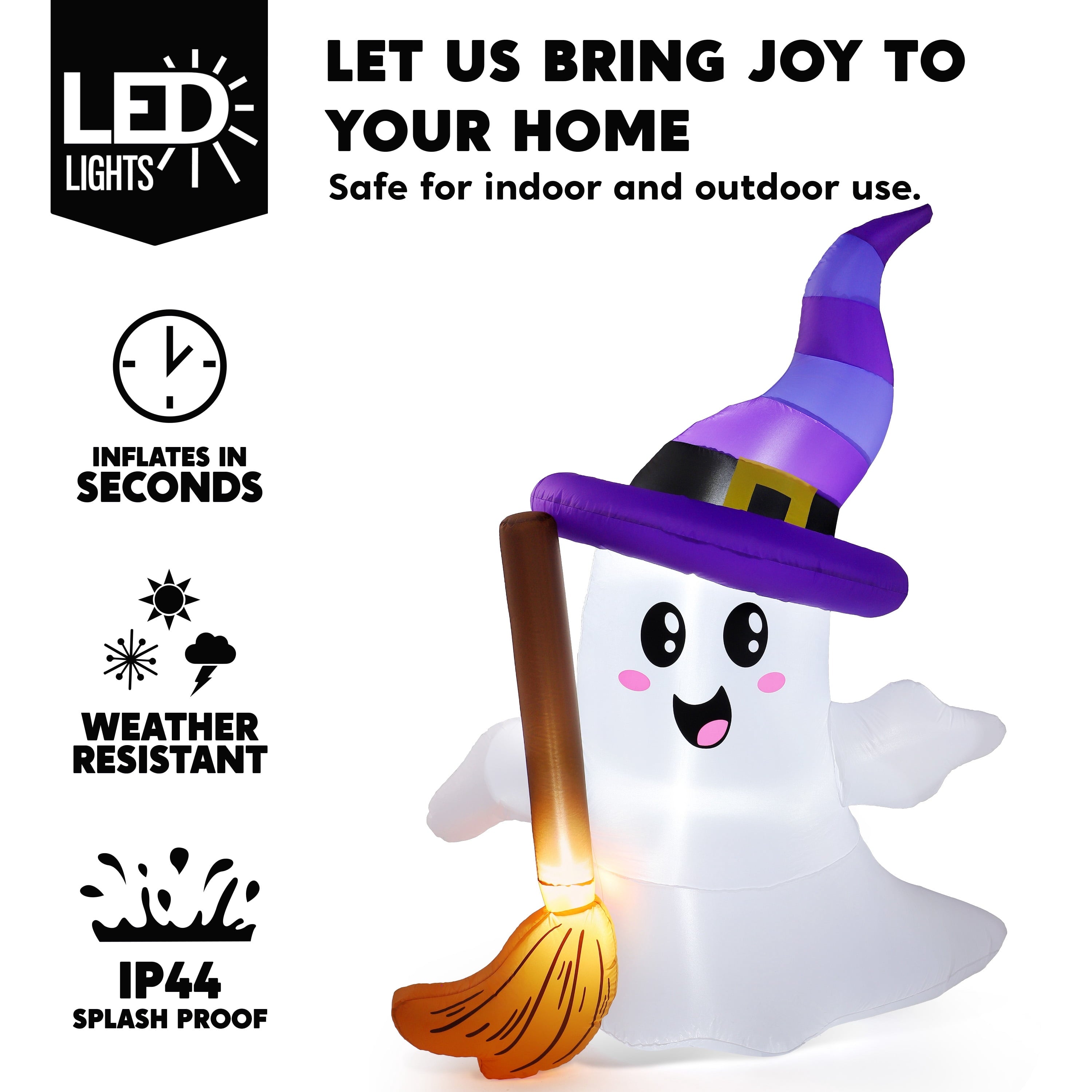 Joyfy 5ft Halloween Inflatables Light up Cute Ghost,Blow Up Ghost Lift Pumpkin Candy Bag with Build-in LEDs for Yard Decorations