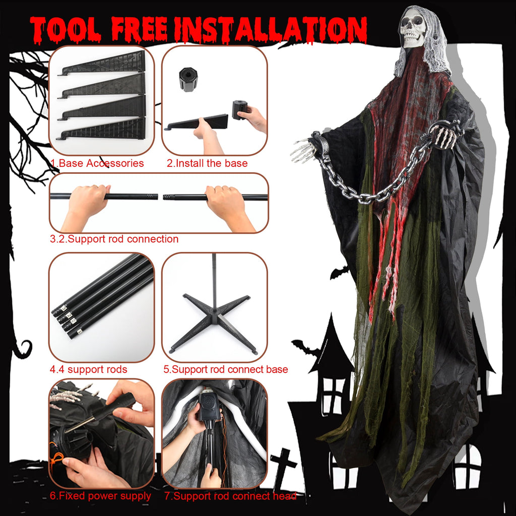 Magotan 6ft Halloween Outdoor Skeleton Ghost Decorations, Sound Controlled Swinging Scary Skeleton Ghost Halloween Decoration for Outdoor Garden Porch Yard Decor,Red