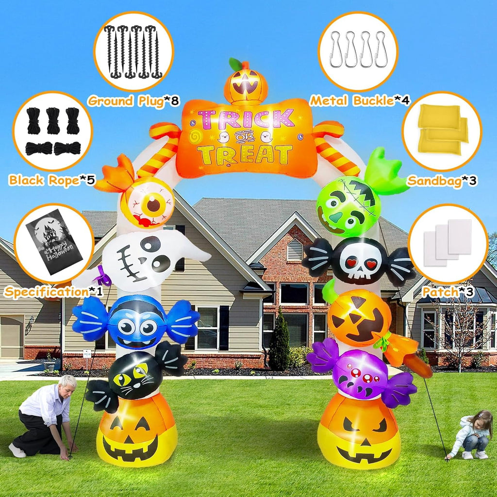 Kalolary 10FT Inflatable Candy Ghost Pumpkin Archway with Built-in Lights – Giant Outdoor Yard & Garden Decoration for Halloween, Indoor/Outdoor Use