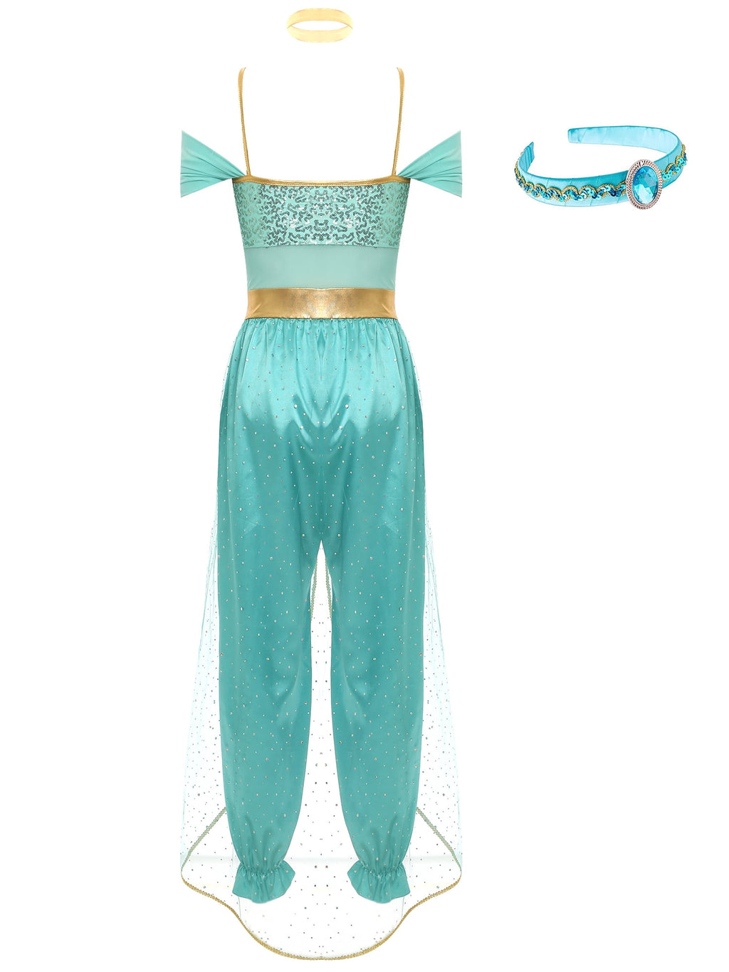 YiZYiF Women's Arabian Princess Dance Costume Halloween Party Fancy Dress Shiny Belly Dance Jumpsuit Turquoise B M