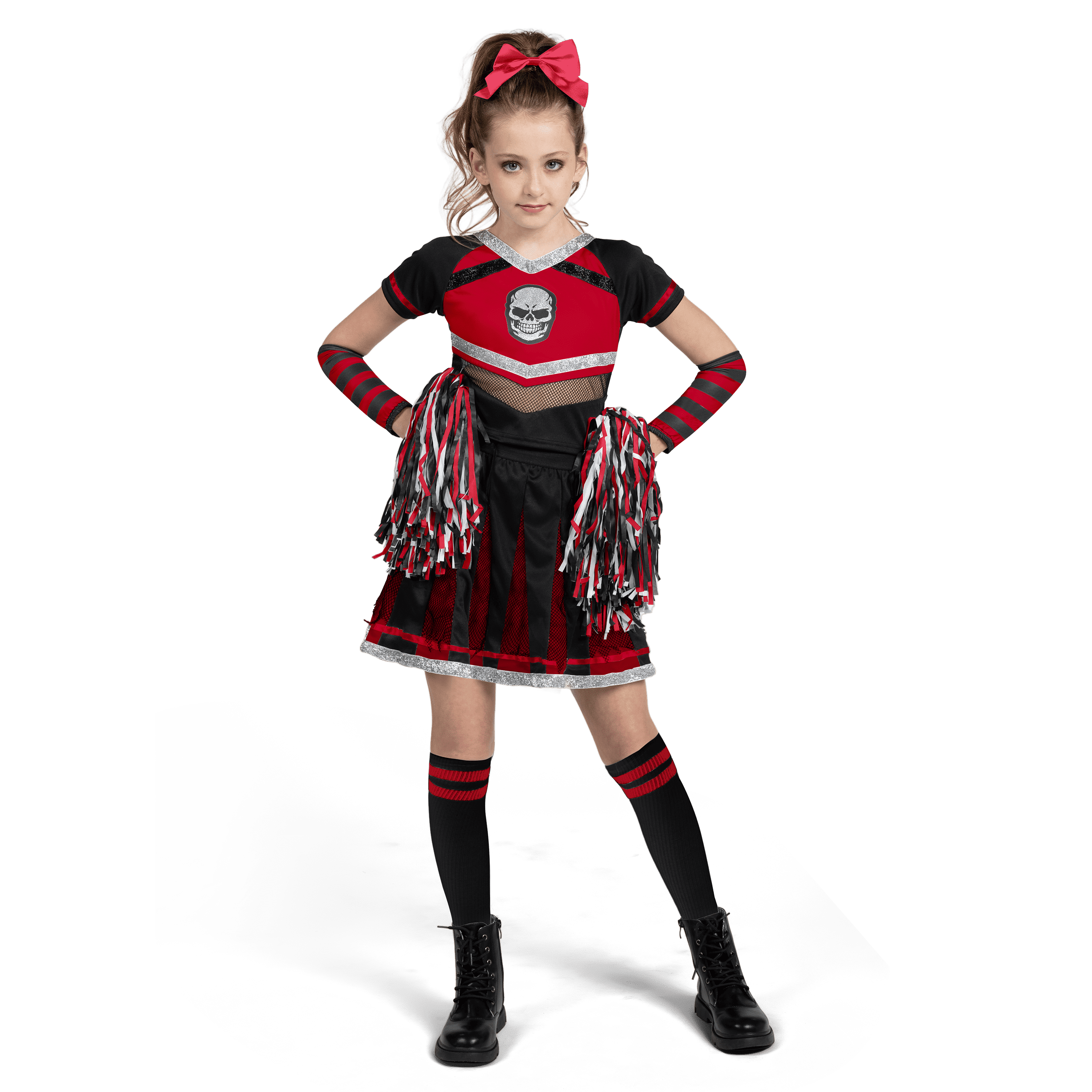 Joyfy Cheerleader Costume for Girls, Bad Spirit Costume for Kids, Skull Scary Outfit with Accessories for Halloween Party Cosplay