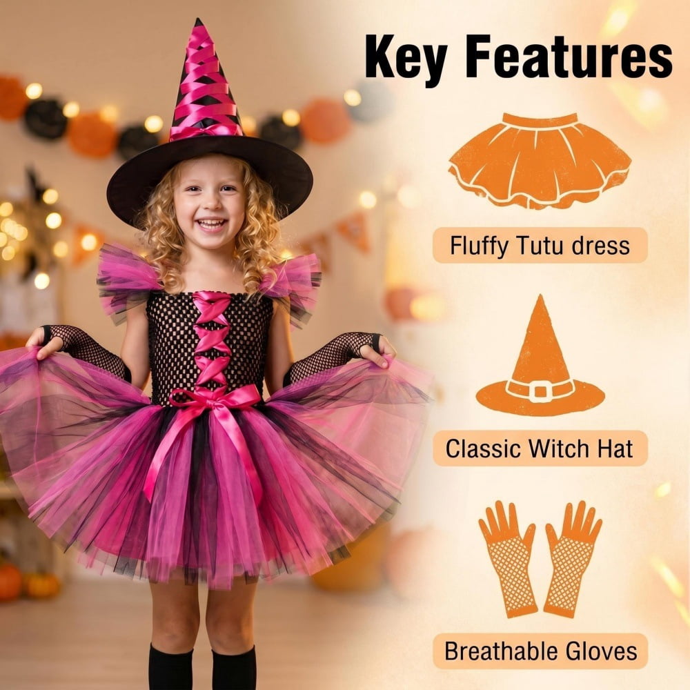 Halloween Cute Purple Witch Costume Set for Toddler Girls, Bat Outfit Dress with Witch Hat & Magic Broom