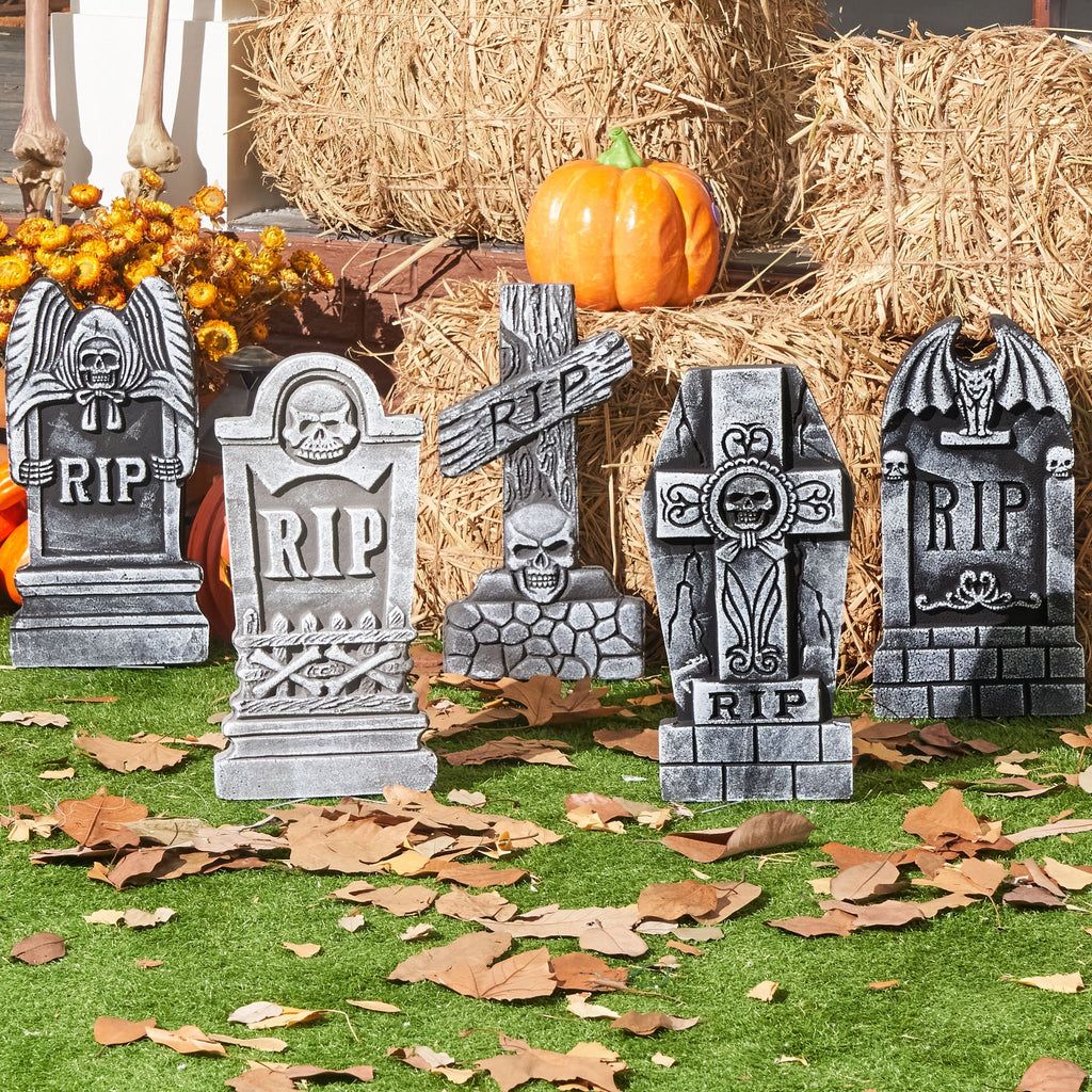 Joyfy 17" Halloween 5 Pack Tombstone Decorations, Foam RIP Graveyard Signs Cemetery Headstones Scary Outdoor Indoor Halloween Decor with 12 Metal Stakes for Easy Set Up, Waterproof for Garden Lawn