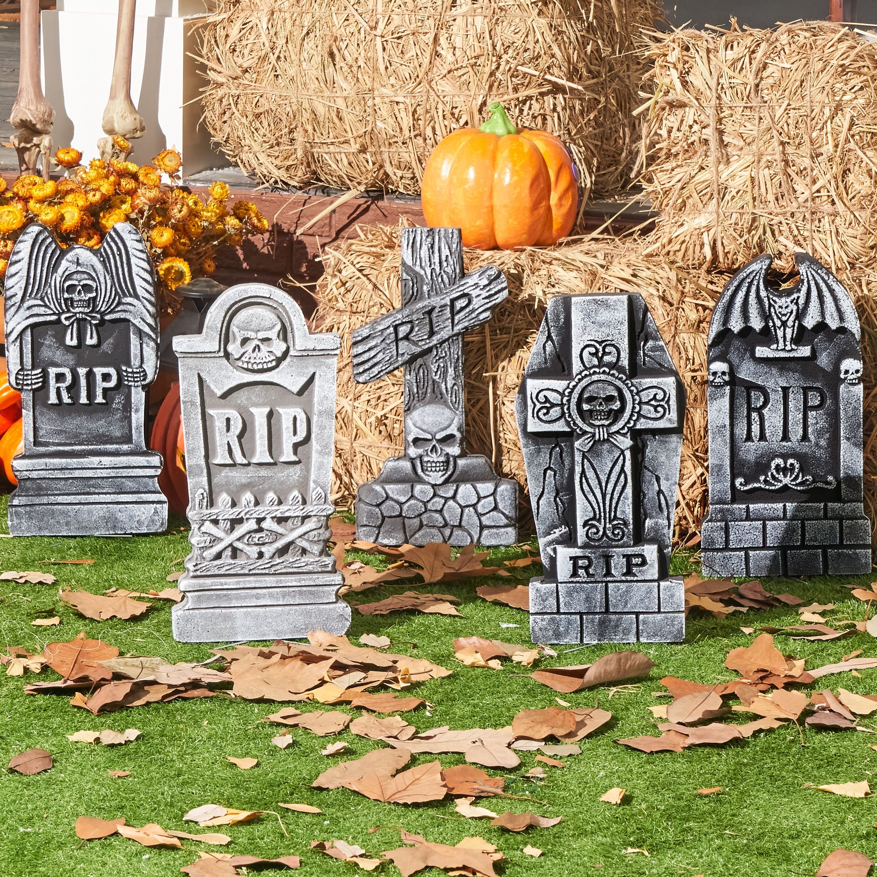 Joyfy 17" Halloween 5 Pack Tombstone Decorations, Foam RIP Graveyard Signs Cemetery Headstones Scary Outdoor Indoor Halloween Decor with 12 Metal Stakes for Easy Set Up, Waterproof for Garden Lawn