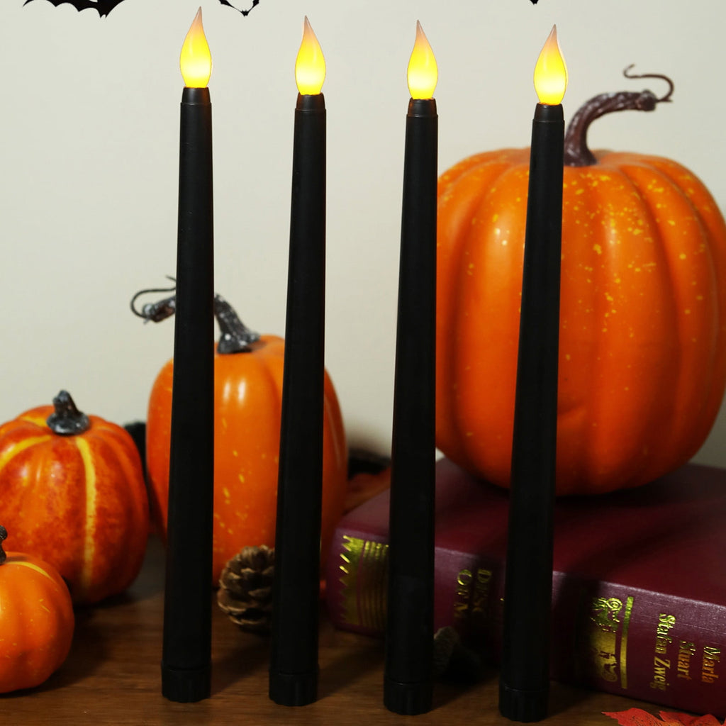 TOPRenddon Black Flameless Taper Candles, Flickering Battery Halloween LED Candlesticks Set of 2, Gothic Wedding Decor