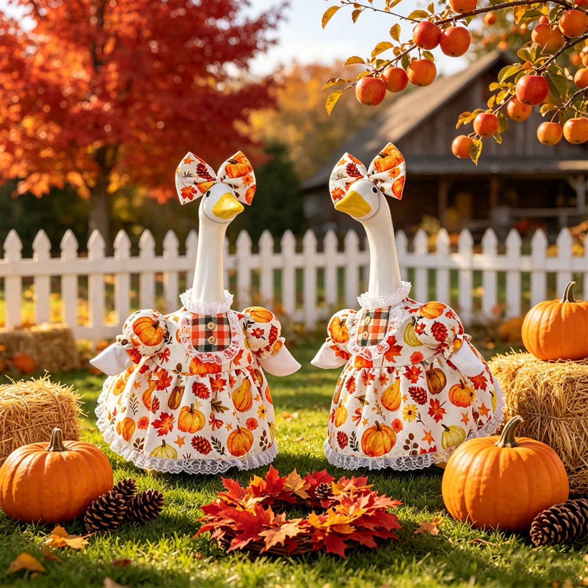 Thanksgiving Harvest Outfit for 23" Porch Goose, Goose Fall Theme Dress in White&Orange with Headwear Fall Harvest Decor for 23" Goose Outdoor Patio Yard Lawn Decoration