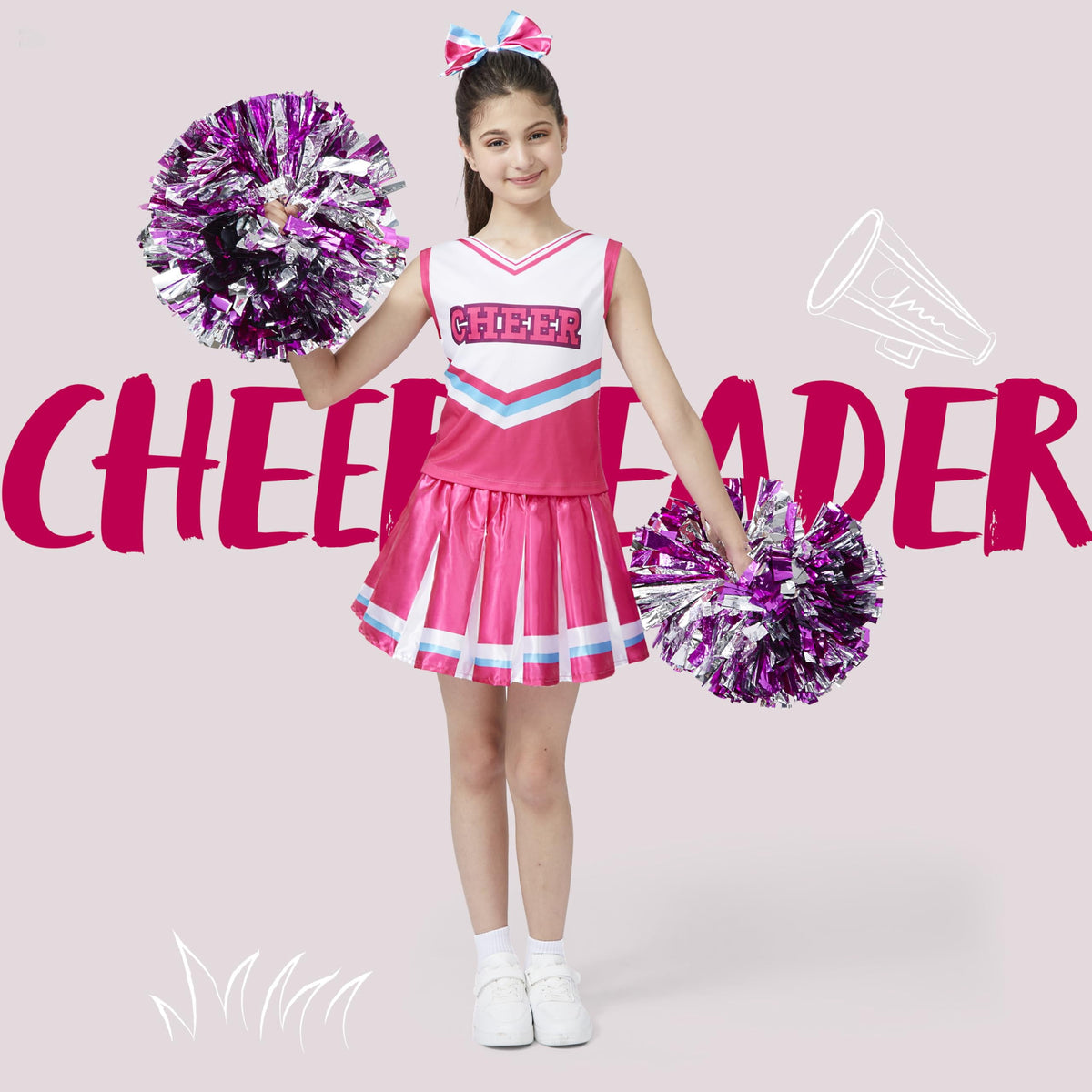 Joyfy Cheerleader Costume for Girls, Halloween Cute Cheer Uniform Outfit with Accessories for Kids Halloween High School Cheerleader Dress Up Costumes