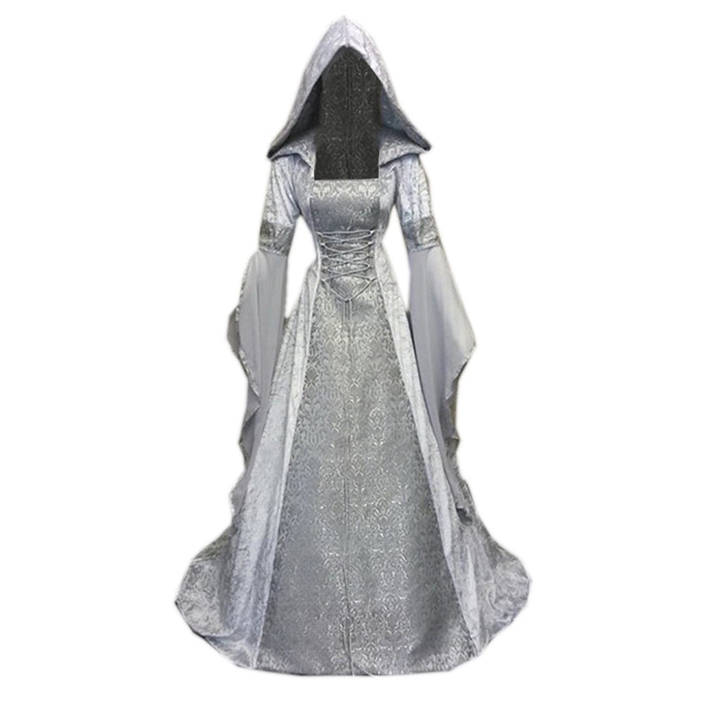 Women Gothic Cold Shoulder Midi Dress, Sheer Flare Bell Sleeve Front Corset Irregular Witch Costume Dress, Adult Halloween Dark Aesthetic Vintage Formal Evening Cosplay Party Outfit(Navy-2/M)