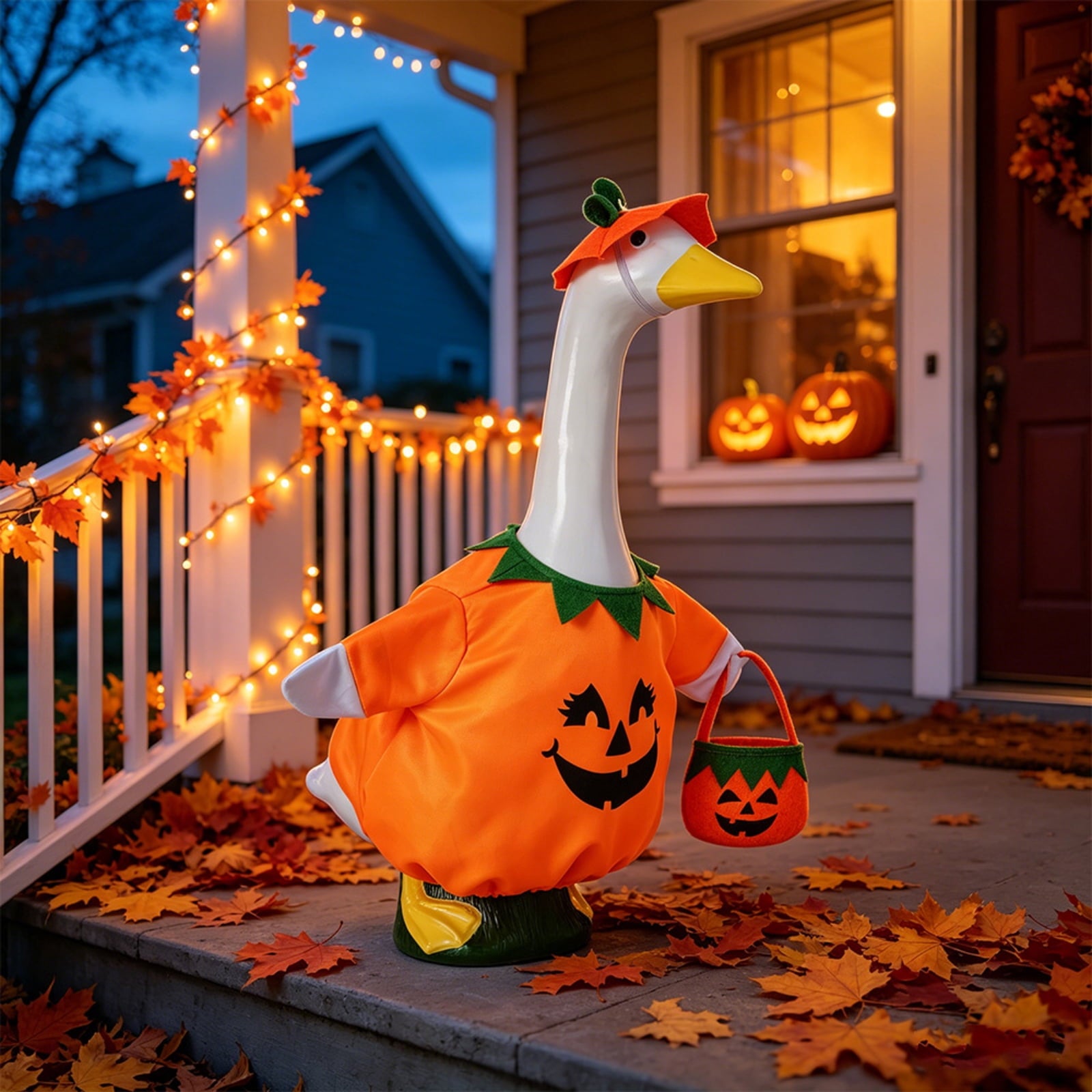 Outdoor Holiday Yard Decor, 23 Inch Porch Goose Outfits, Halloween Pumpkin Themed Porch Goose Clothes, Porch Goose Set with Hat and Treat Bag, Fits Standard 23 Inch Large Porch