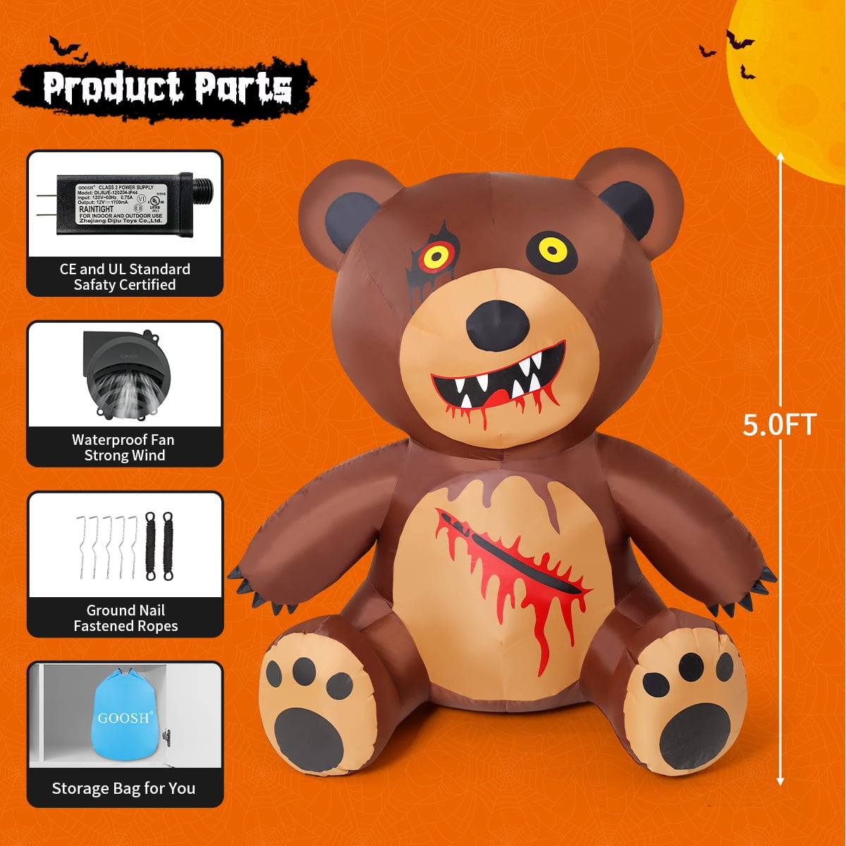 GOOSH Halloween Inflatables 5 FT Teddy Bear Inflatable with Build-in LEDs, Spooky Inflatable Halloween Bear Blow up Teddy Bear, Halloween Blow Up Decorations Clearance for Holiday Garden Lawn