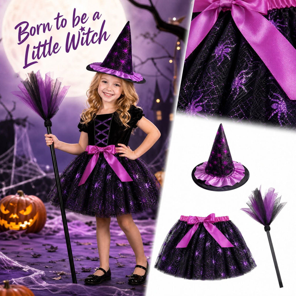 choiix Witch Tutu Skirt and Hat Set with Broomstick Halloween Costume Outfit with Printed Tulle Skirt and Witch Hat Cosplay Outfit for Party 100