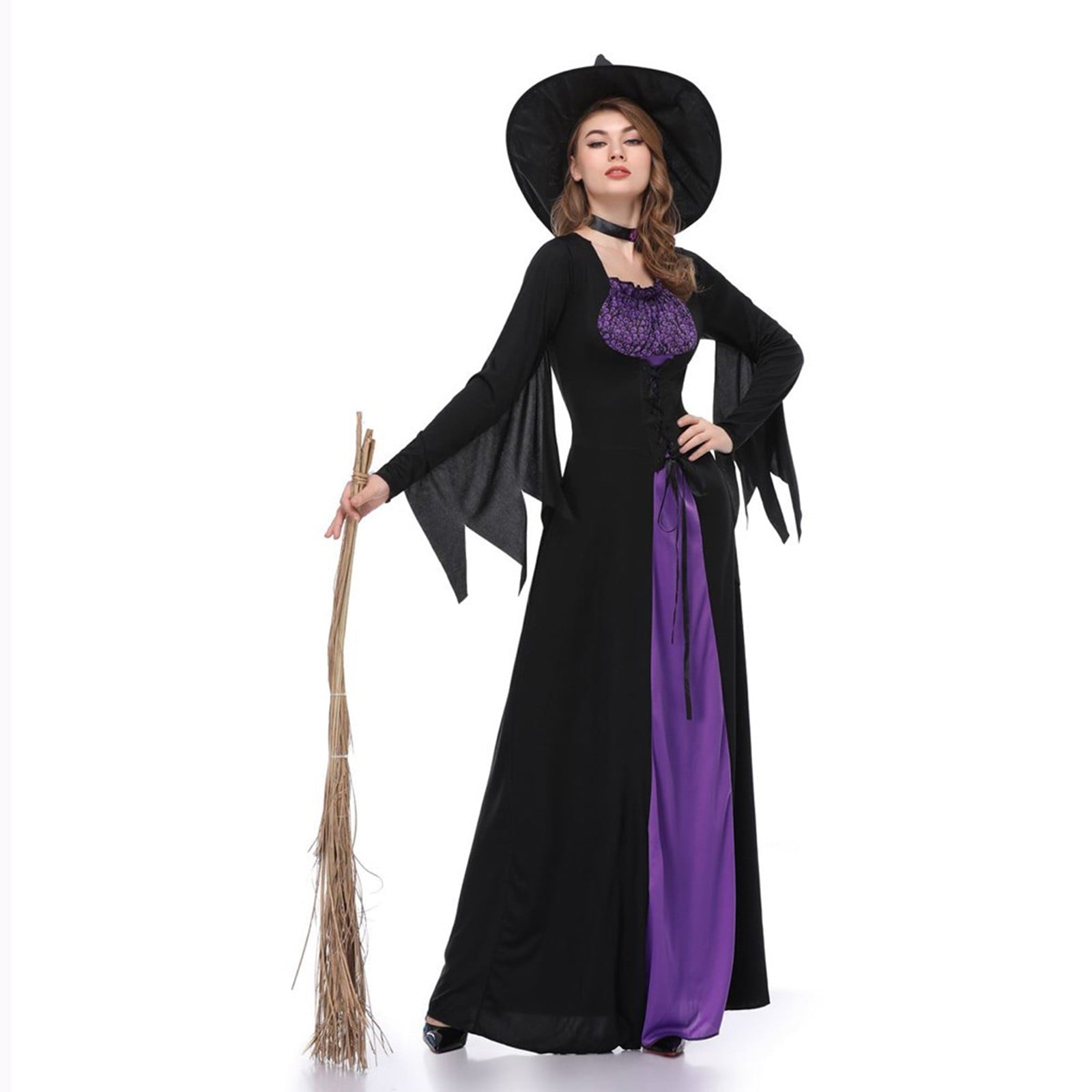 Halloween Witch Costume Women, Classic Retro Witch Costumes for Women Halloween Fancy Dress Witch Dress Purple L