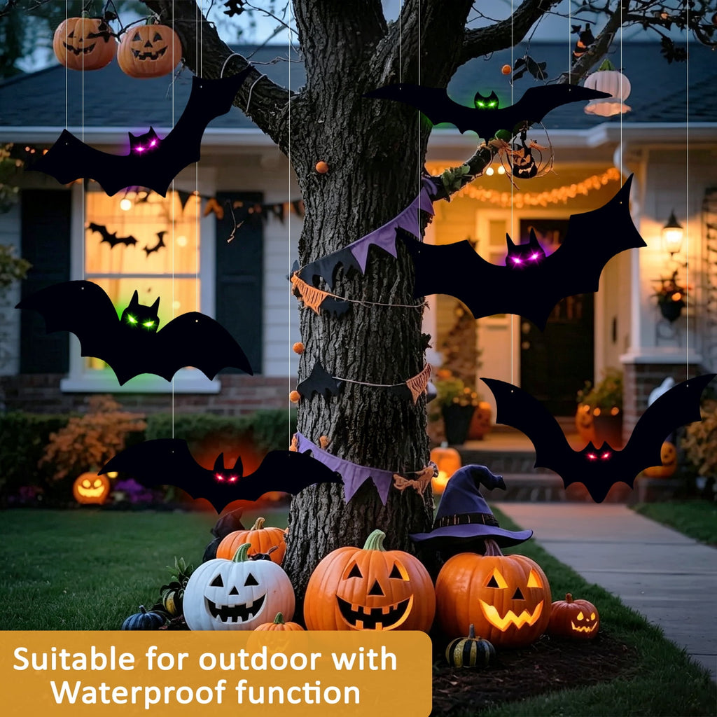 KORALAKIRI 16 Pcs Halloween Hanging Bats Decorations Outdoor, Waterproof Black Bat with Glowing Eyes for Front Door Yard Tree Halloween Hanging Decorations Outside