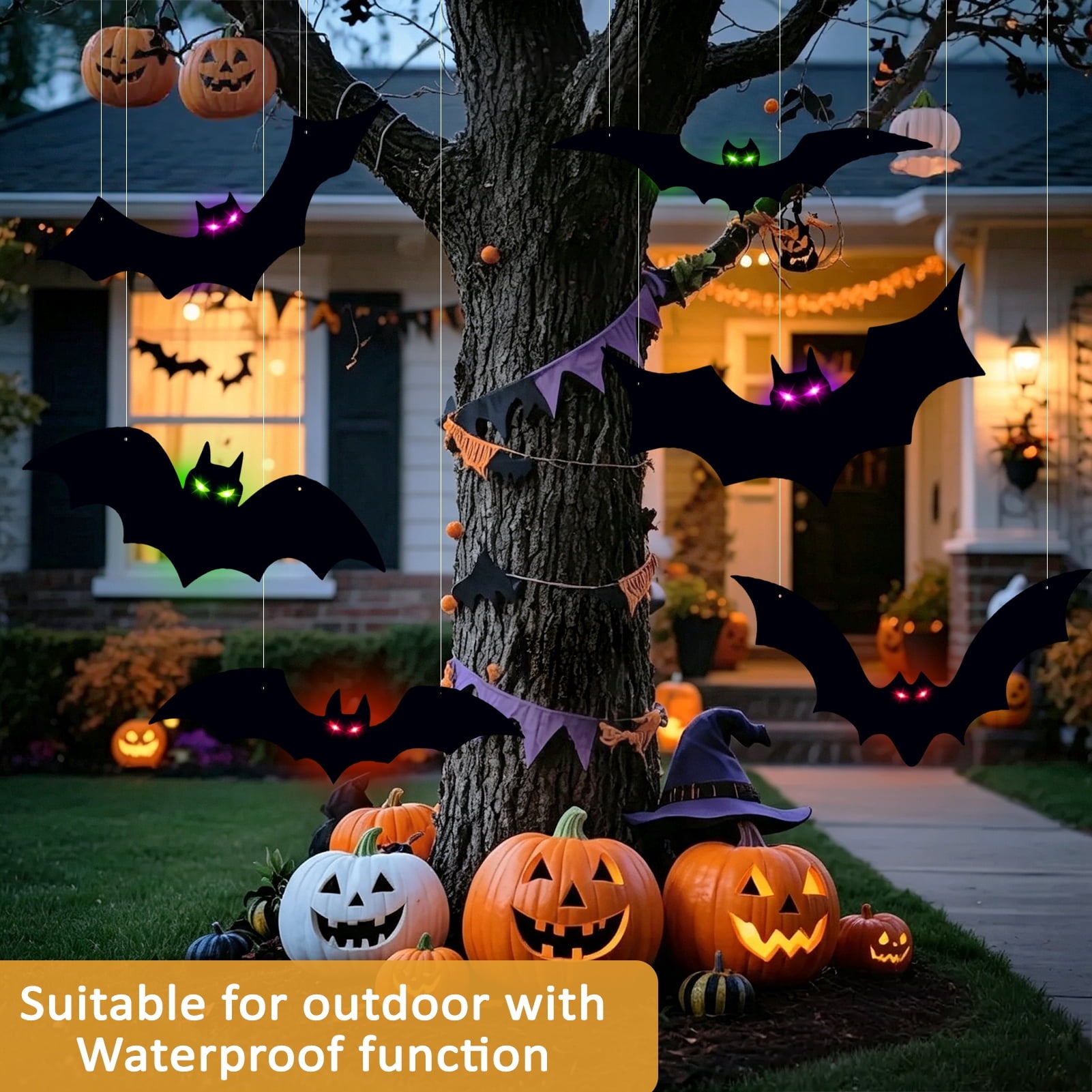 KORALAKIRI 16 Pcs Halloween Hanging Bats Decorations Outdoor, Waterproof Black Bat with Glowing Eyes for Front Door Yard Tree Halloween Hanging Decorations Outside