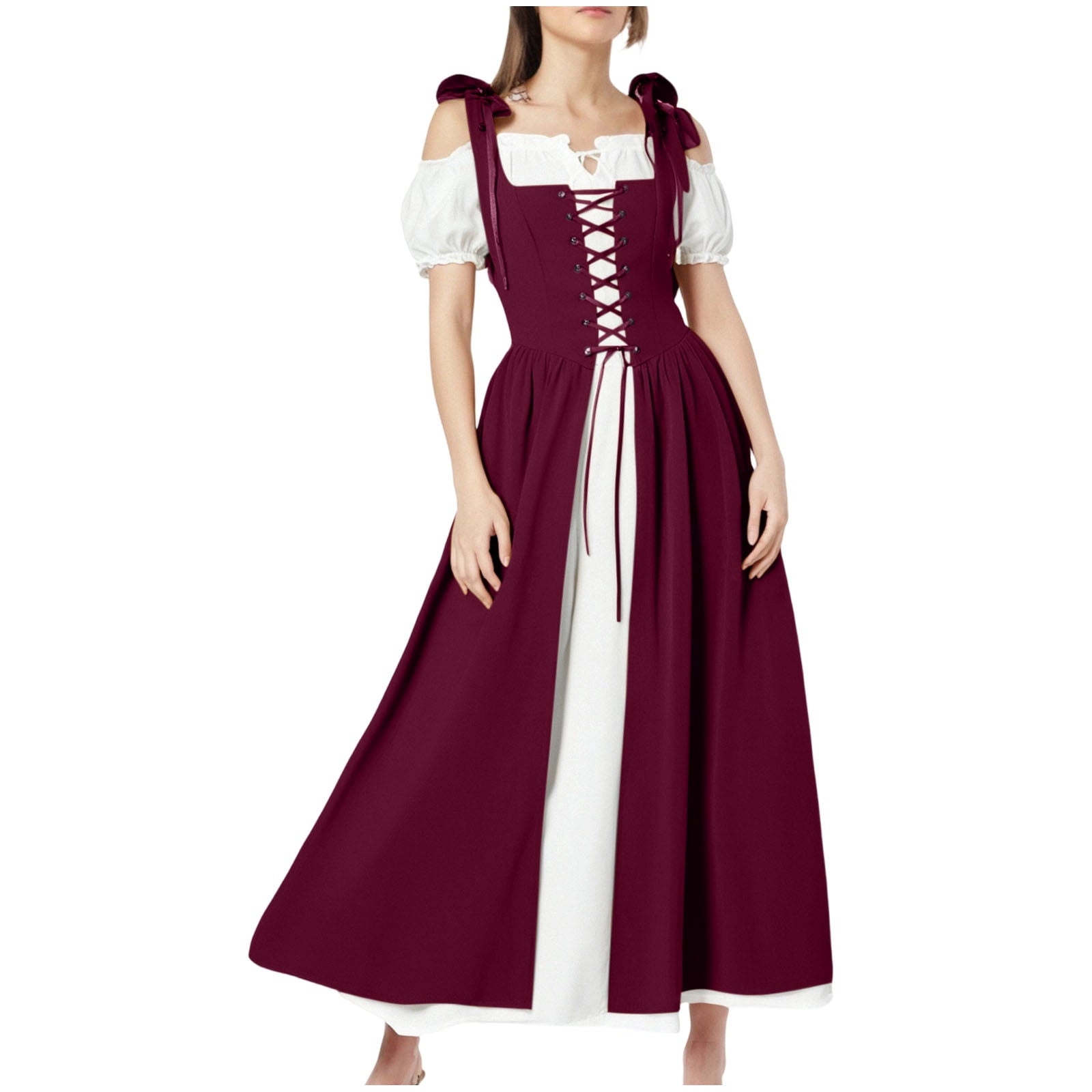 QATAINLAV Renaissance Costume Women Vintage Medieval Dress Cold Shoulder Short Sleeve Peasant Pirate Irish Maxi Dresses, Black, L