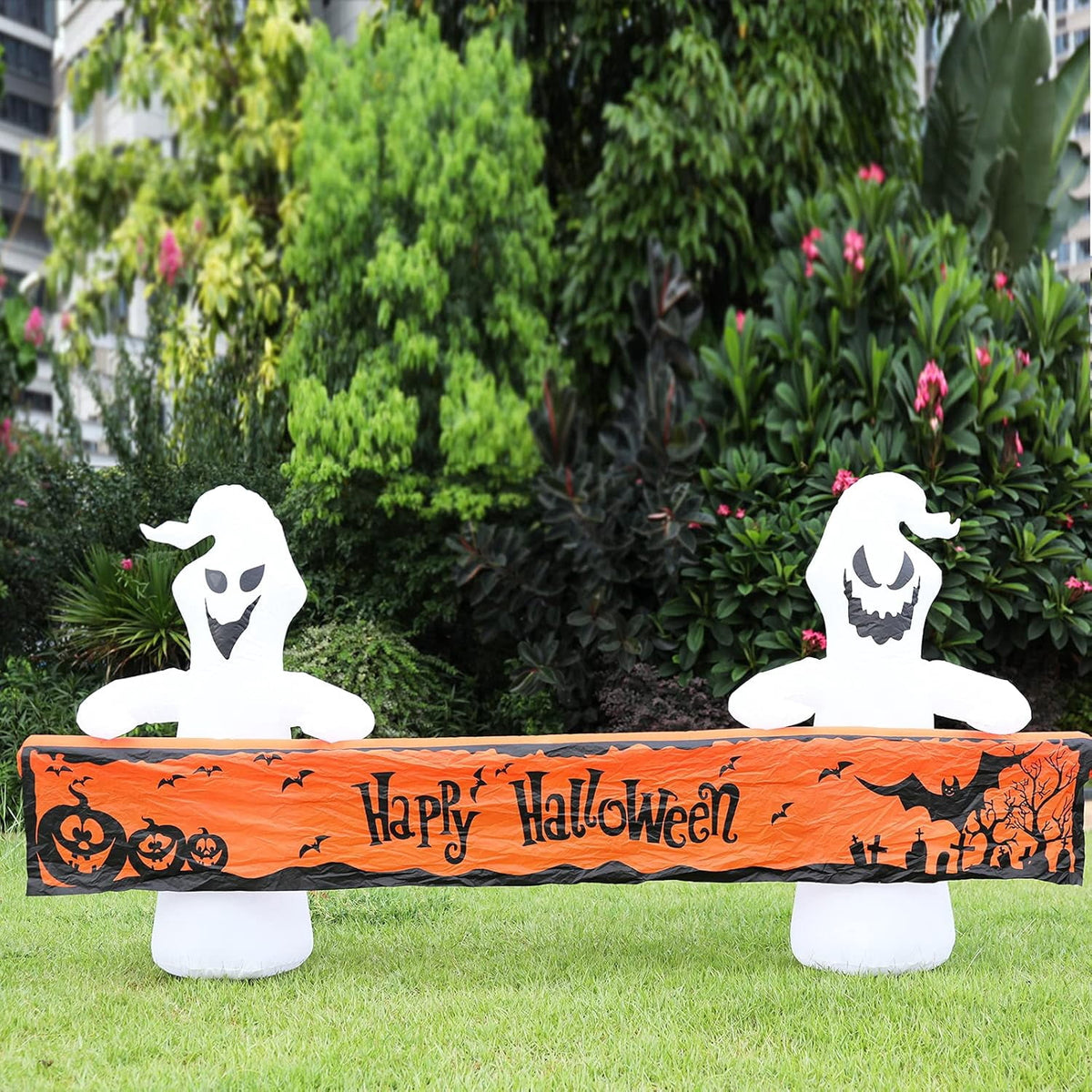 Large Hallowee Inflatable-8FT White Ghosts with Orange Banner Print “Happy Halloween” LED Lights Outdoor Halloween Decorations Blow Up Decoration for Halloween Party, Yard, Garden, Lawn