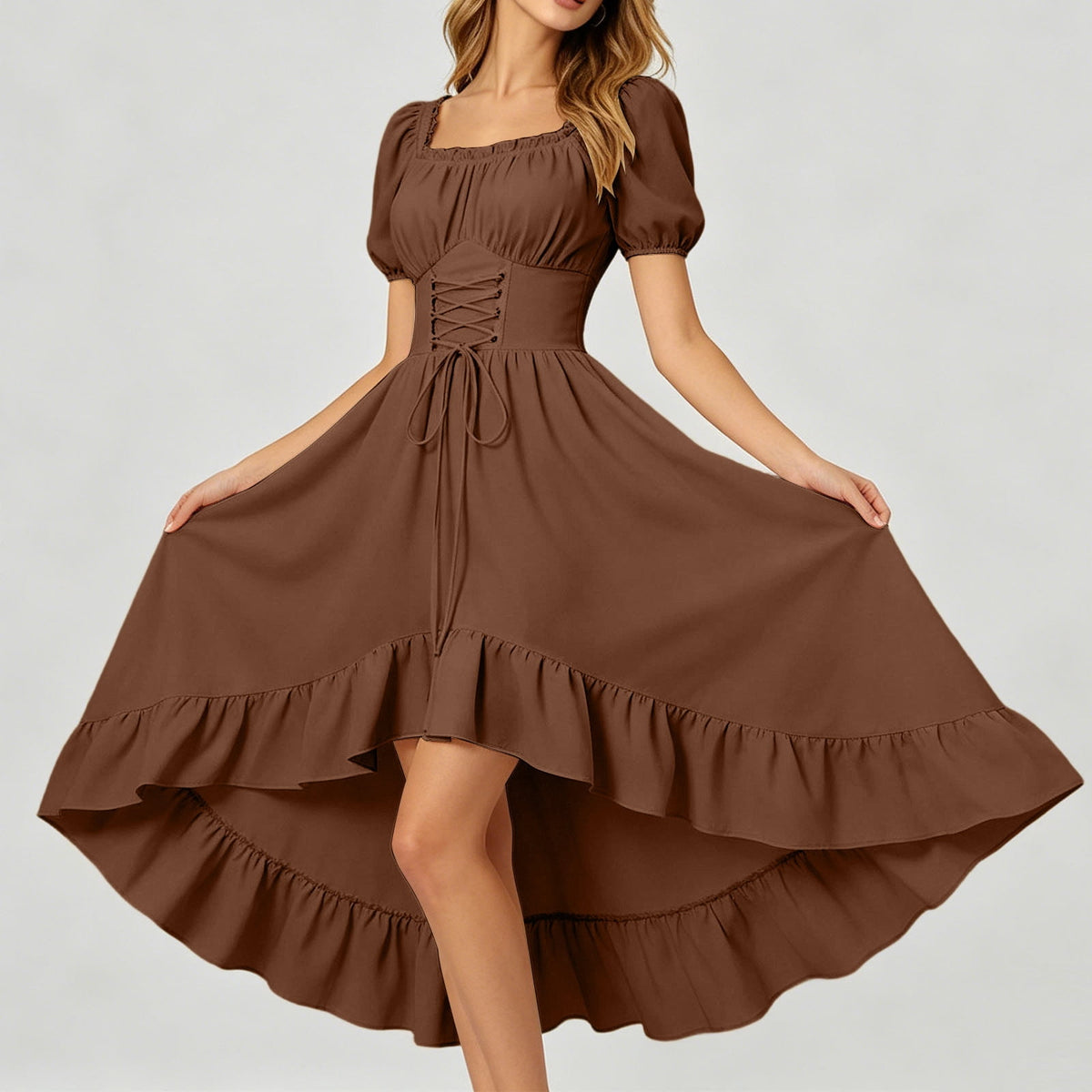 Gothic Dresses for Women Medieval Renaissance Halloween Costume Lace Up Corset High Low Ruffle Hem Square Neck Vintage Gown