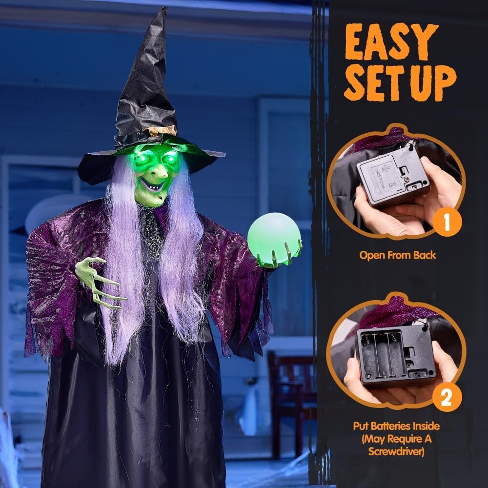 Joyfy 47" Halloween Decorations Outdoor,Life Size Animated Witch Scary Decorations Halloween Motion Activated Witch with LED Eyes & Sound,Haunted House Decor