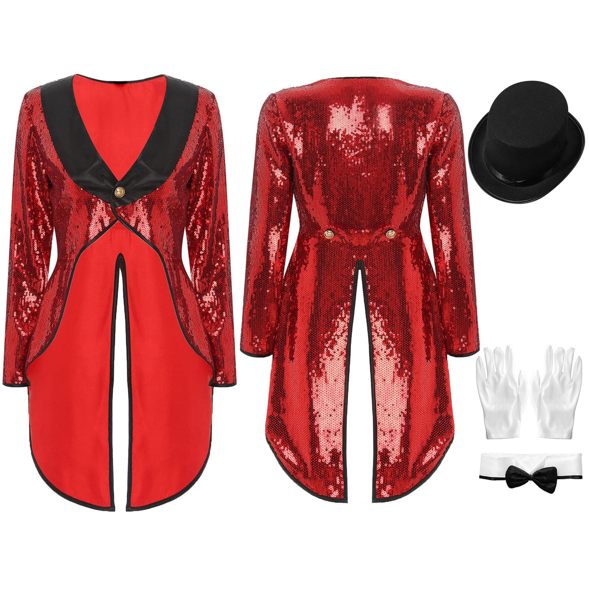 iiniim Women Magician Cosplay Sequin Tailcoat Circus Showman One-Button Tuxedo Jacket Outfits Red M