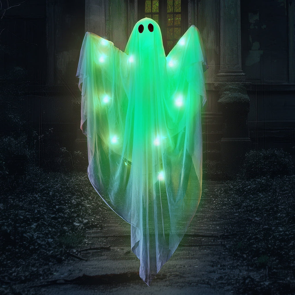 Joyfy 47inch Halloween Decorations Outdoor Hanging Ghost,Light up White Ghosts with Spooky Warm White LED Light,Halloween Outdoor Yard Porch Decorations,Haunted House Decorations