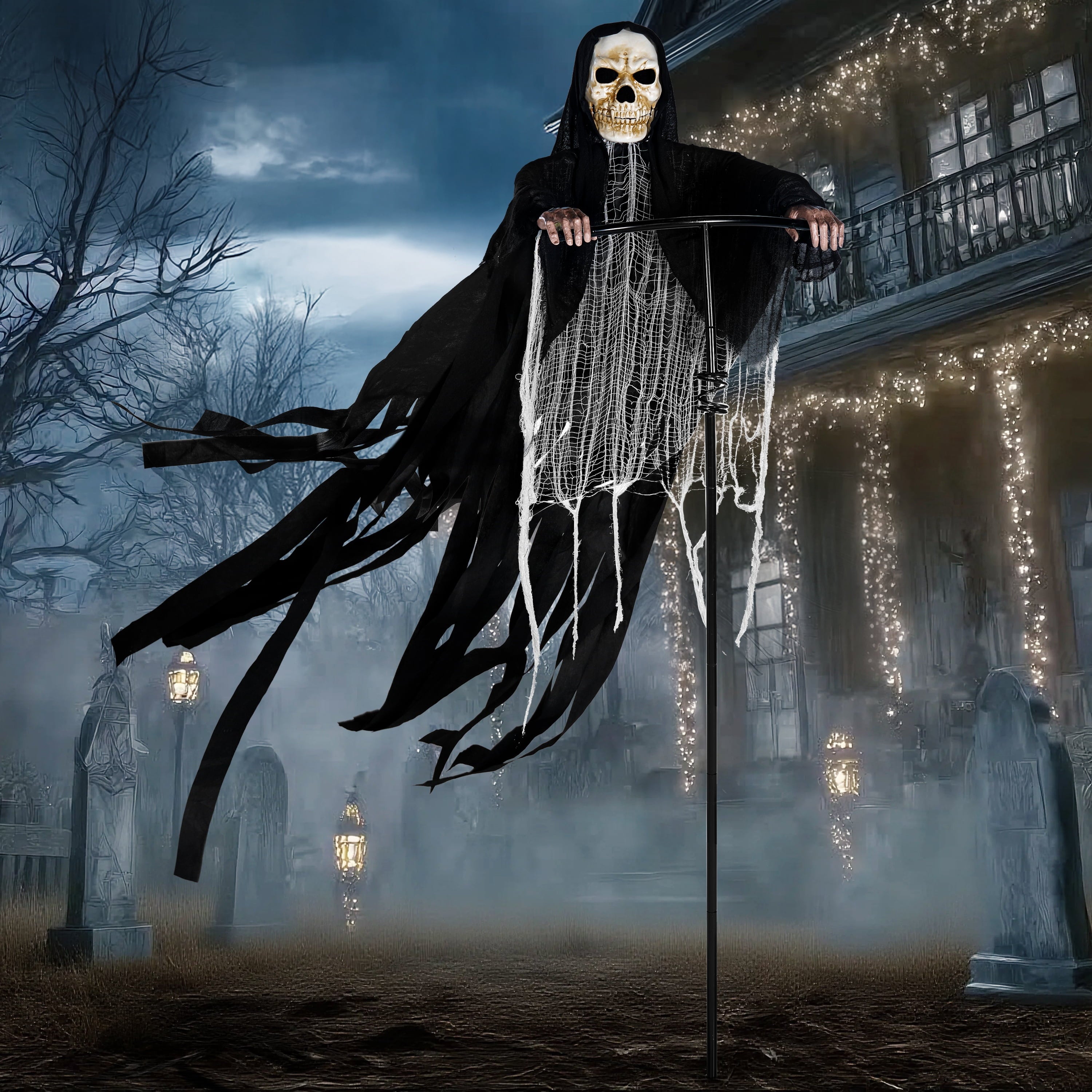 Joyfy 67" Standing Grim Reaper with Chain, Large Halloween Decorations Outdoor, Life Size Animatronics Skelton, Sound-Actived Party Decor with Creepy Sound & LED Eyes, Scary Haunted House Props