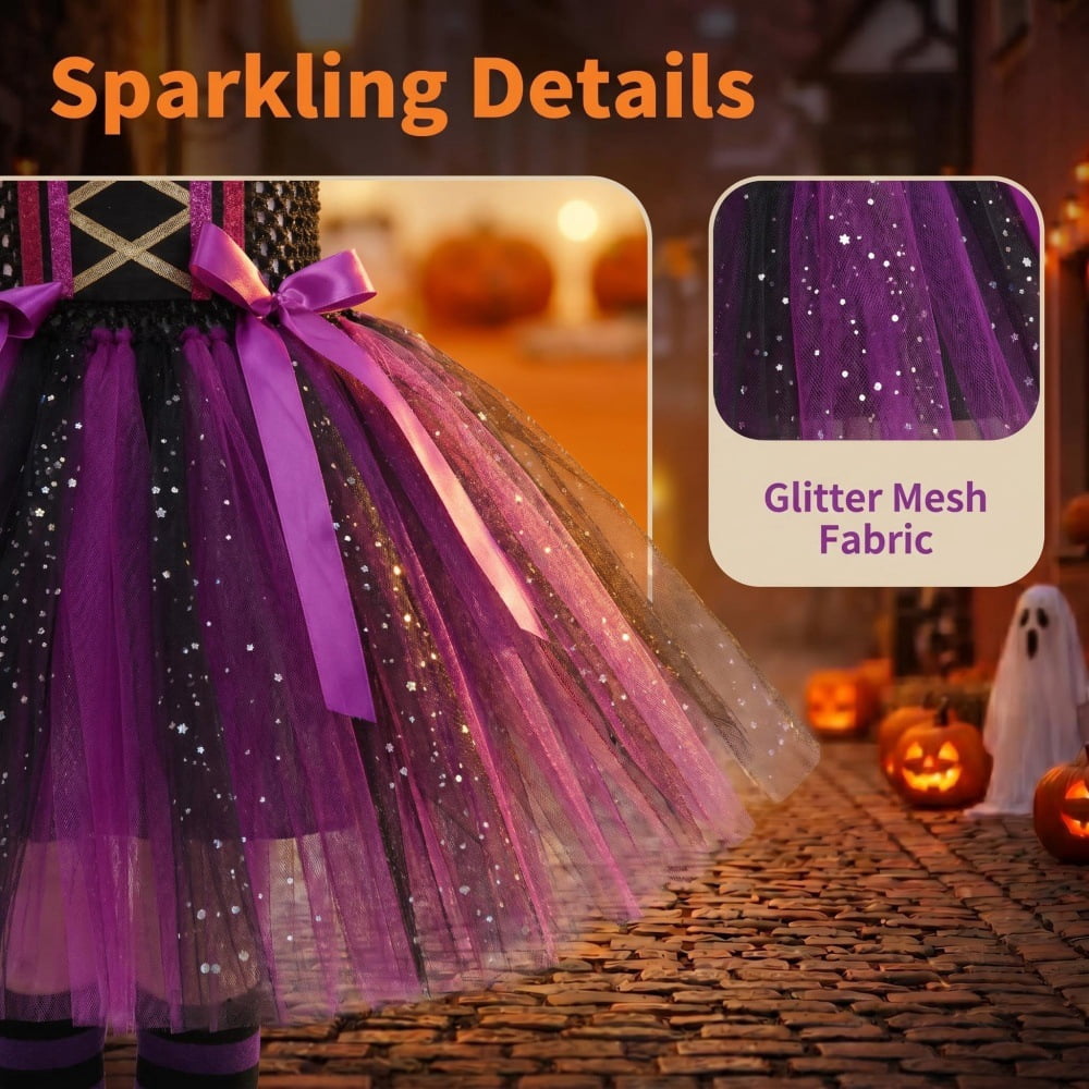 Halloween Cute Purple Witch Costume Set for Toddler Girls, Bat Outfit Dress with Witch Hat & Magic Broom