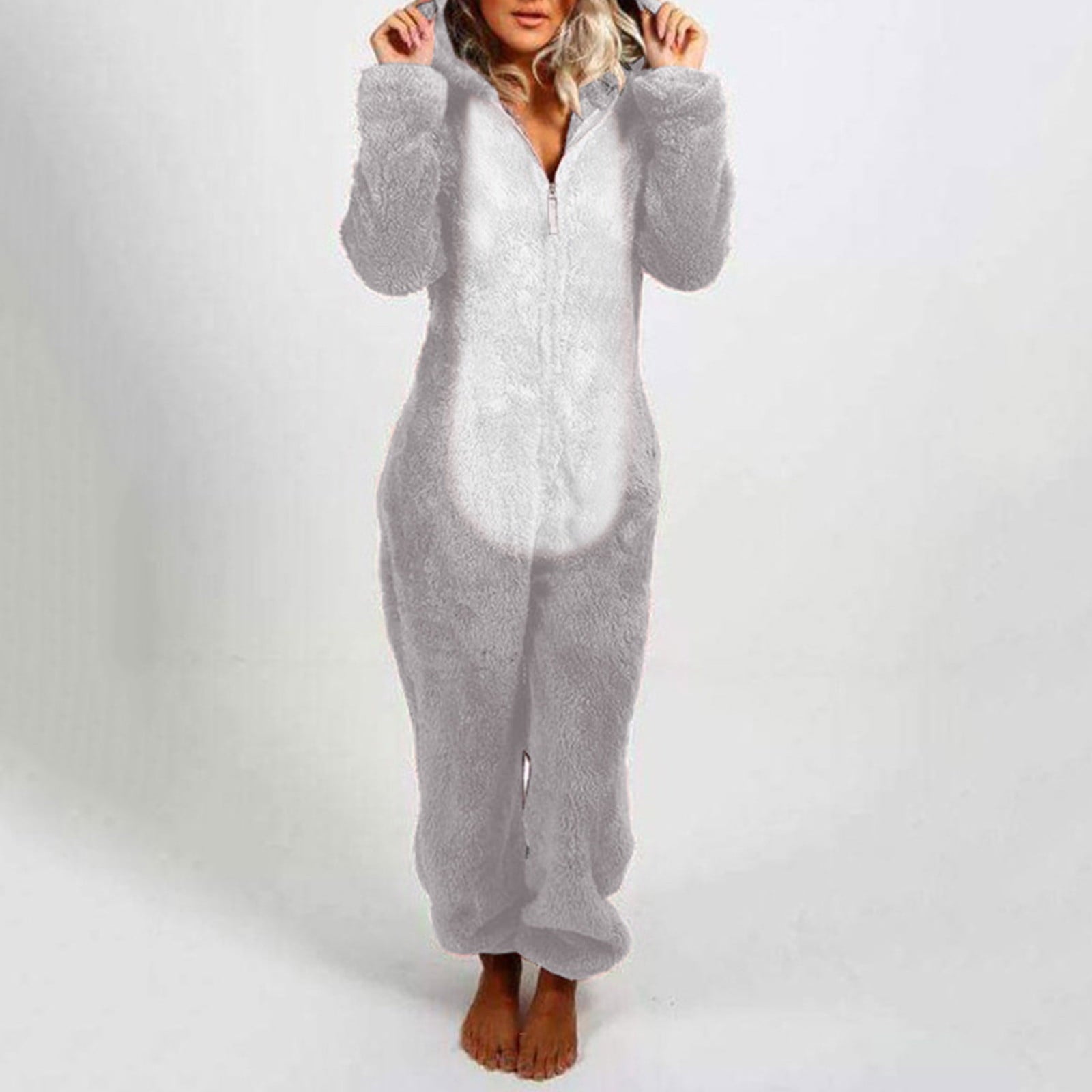 QATAINLAV Sherpa Fleece Jumpsuit for Women Winter Warm Fuzzy Onesie Pajamas Cute Cat Hooded Romper Casual Zip Up Overalls Sleepwear Black XL