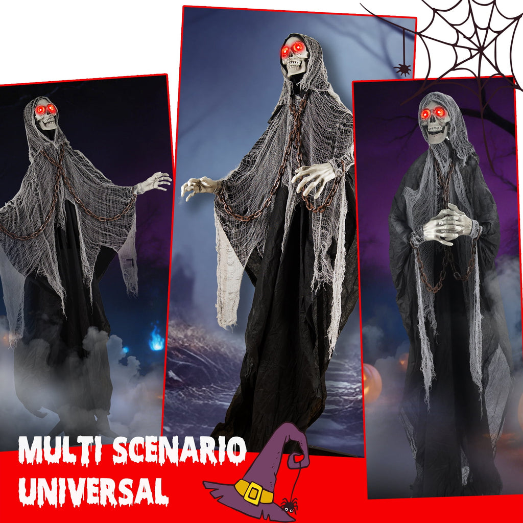 Magotan 6ft Halloween Outdoor Skeleton Ghost Decorations, Sound Controlled Swinging Scary Skeleton Ghost Halloween Decoration for Outdoor Garden Porch Yard Decor,Red
