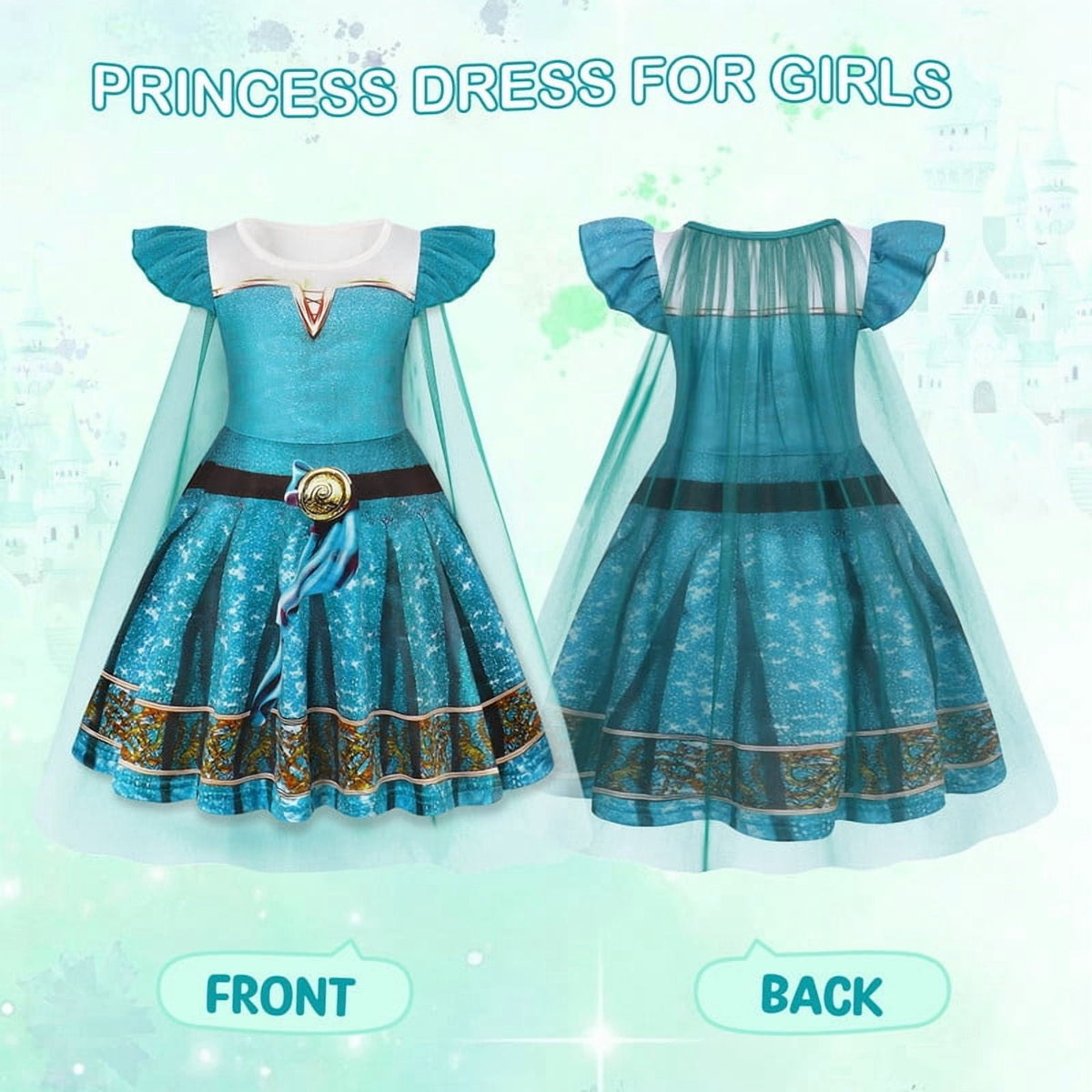 Benylion Girls Ice Princess Dress Halloween Cosplay Costumes With Tulle Cape Kids Birthday Party Dress up Outfit for 7-8 Years