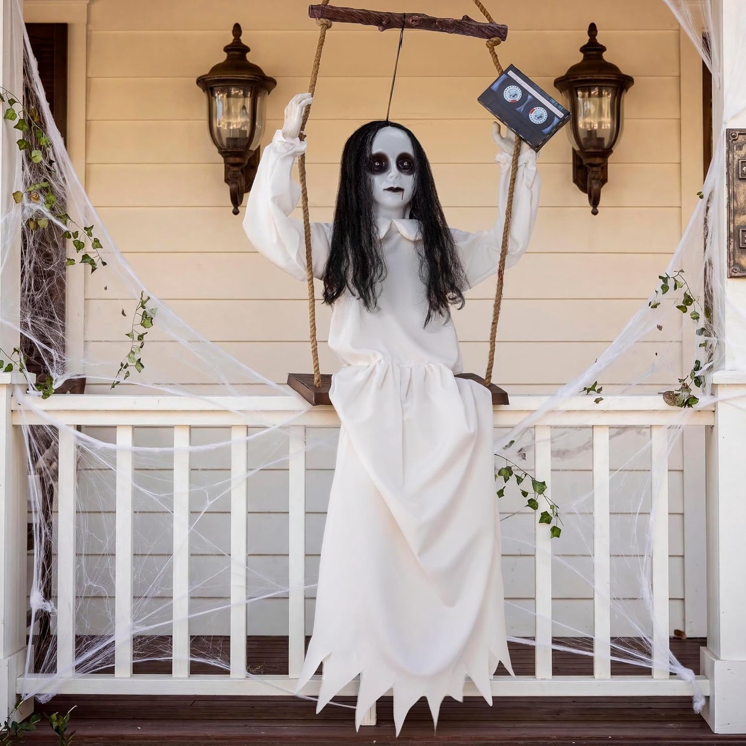 Joyfy 3 FT Halloween Hanging Swinging Skeleton,Light Up Creepy Grim Reaper with Black Hood Decorations for Halloween Hanging Decorations Indoor Outdoor Yard Home Decorations