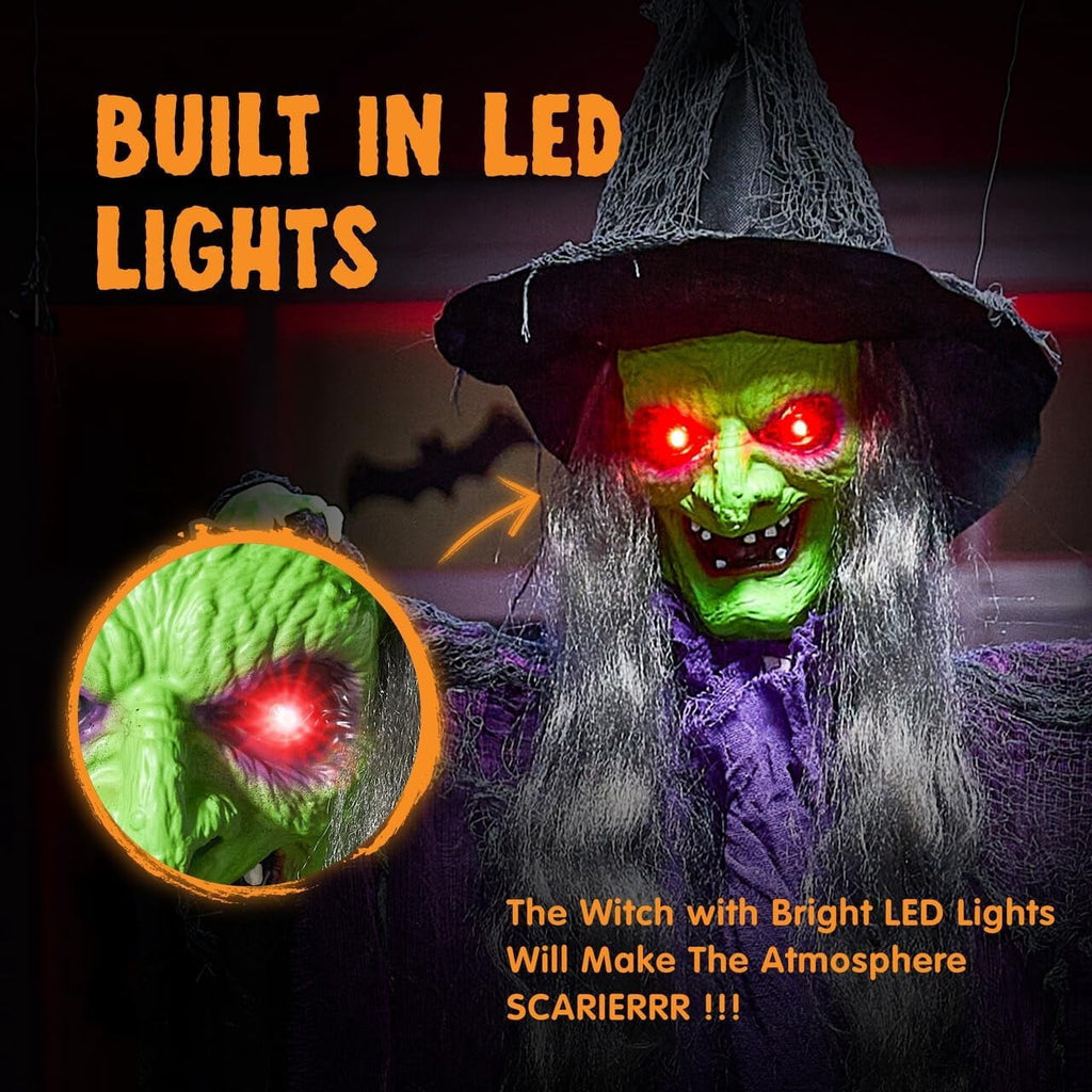Joyfy 6ft Halloween Witch Decoration,Outdoor Scary Halloween Animatronic Hanging Witch with Light Up Eyes and Sound Decoration for Halloween Outdoor