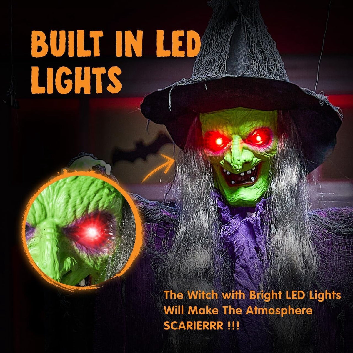 Joyfy 47" Halloween Decorations Outdoor,Life Size Animated Witch Scary Decorations Halloween Motion Activated Witch with LED Eyes & Sound,Haunted House Decor