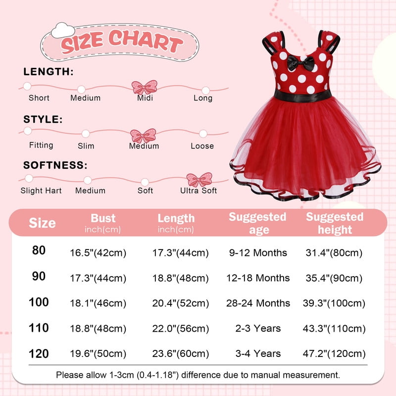 Jurebecia Girls Red Polka Dot Tutu Dress with Bow Headband, Baby Toddler Party Costume for Birthday & Cosplay (110 cm)