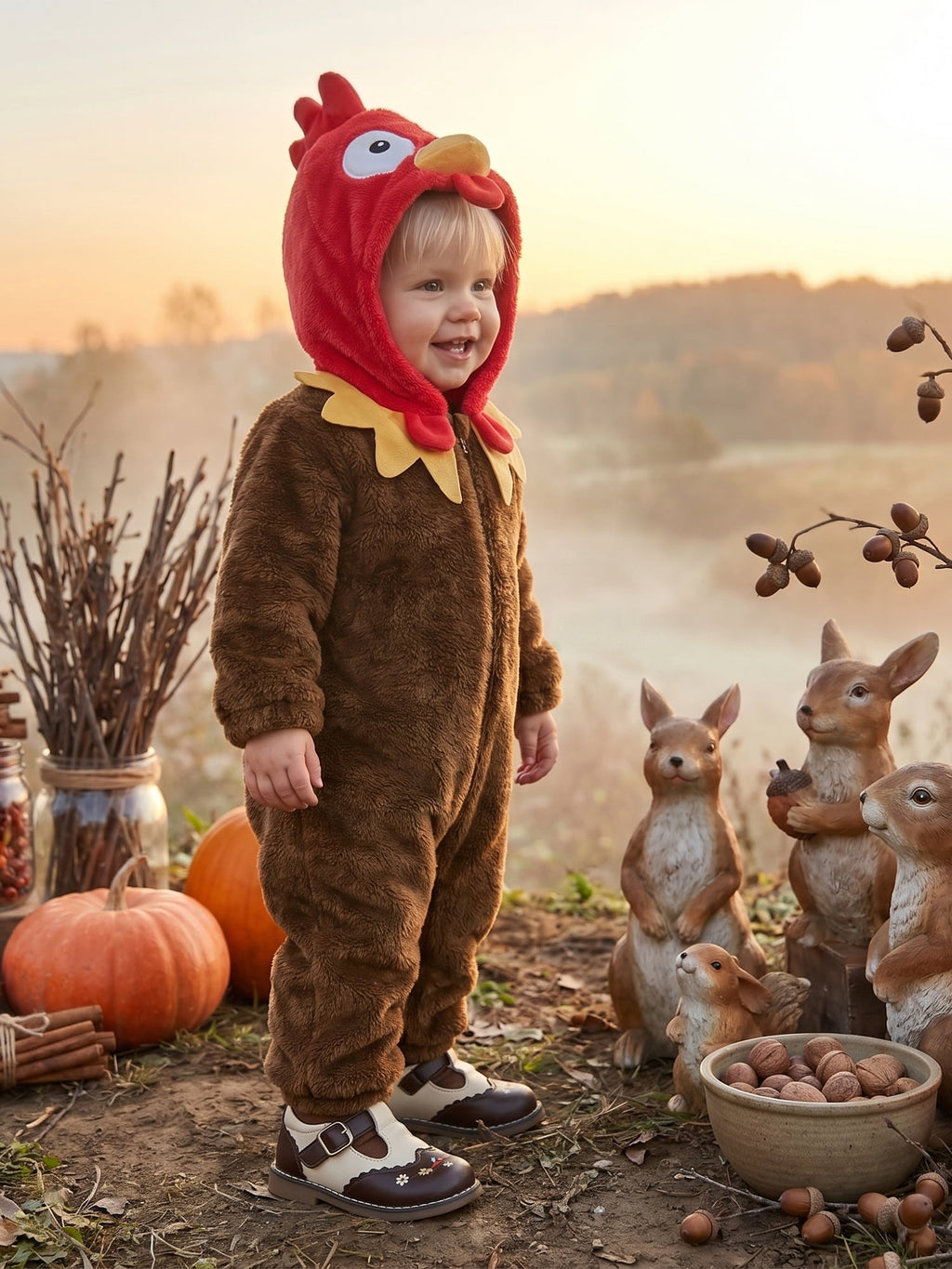 RUINIXCW Toddler Baby Boy Girl Thanksgiving Turkey Costume Newborn Baby Fall Winter Outfit Warm Fleece Hooded Jumpsuit Infant Zipper Romper Snowsuit