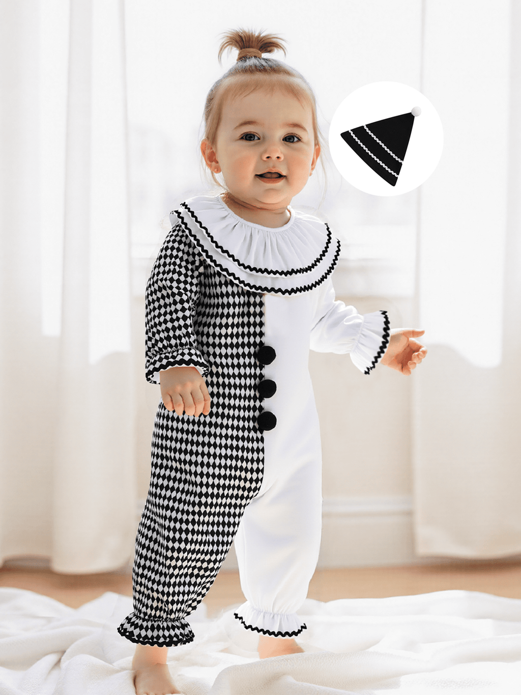 RUINIXCW Kids Toddler Baby Girl Boy Halloween Outfit Clown Costume Infant Baby Girl Boy Romper Birthday Photoshoot Outfit Contrast Color Long Sleeve Jumpsuit Hat