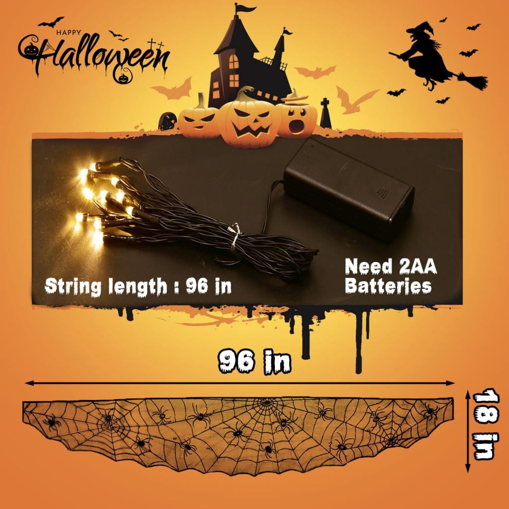 Fun Little Toys 8.4" Feet Halloween Lace Mantle Runner with String Lights,Halloween Decoration,Halloween Party Supplies,Halloween String Lights for Halloween Home Party Décor