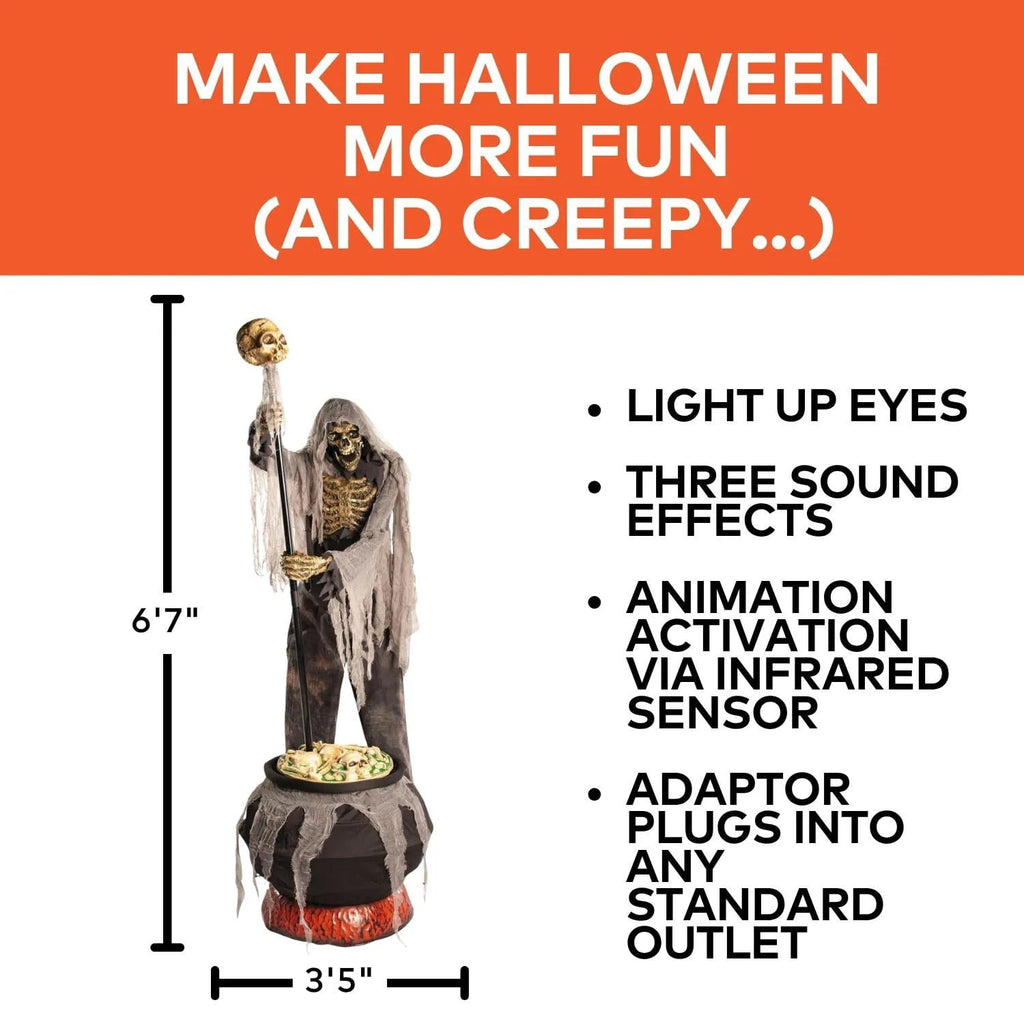 6 Ft. 7" Animated Light-Up Skeleton Stirring Cauldron Halloween Decoration