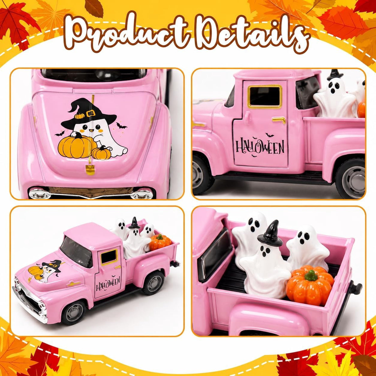 Molumo Halloween Truck Decor - Vintage Pink Pickup Truck with Ghost and Pumpkin Figurines for Halloween Home Tiered Tray Holiday Party Decoration