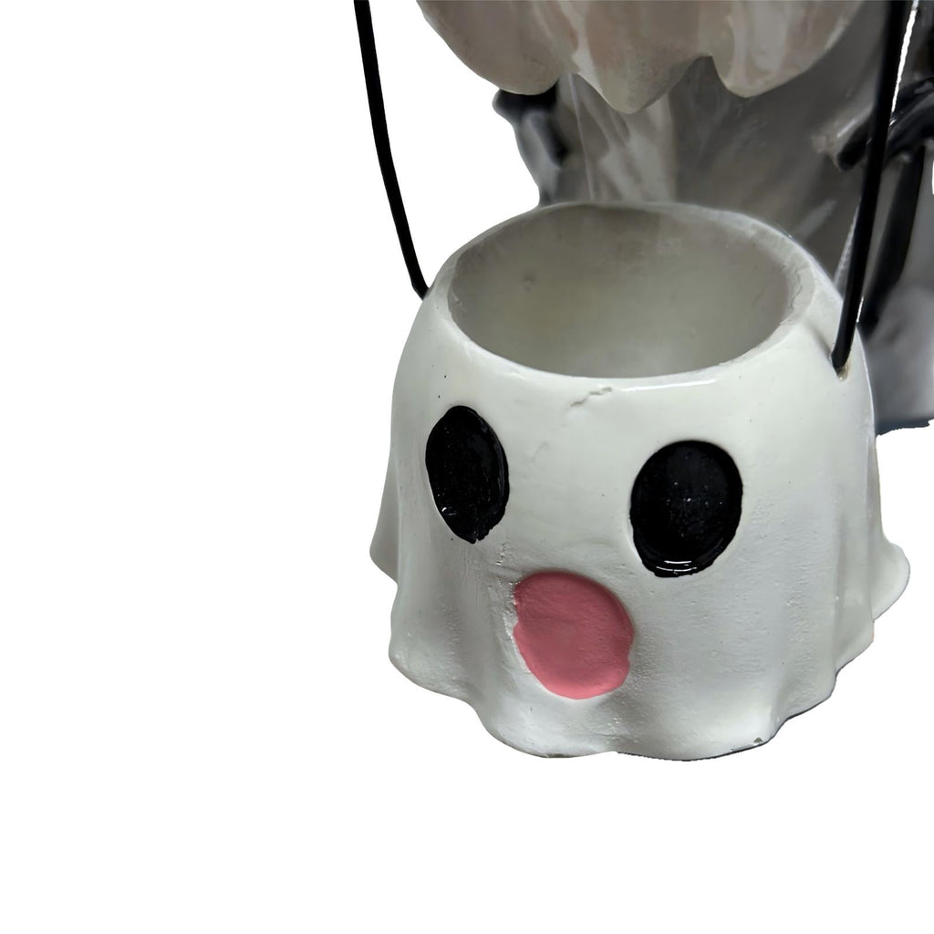 Halloween Dog Greeter - Frenchie 7.9in Resin Witch Dog with Light-Up Pumpkin, Spooky Fall Decor, Indoor Outdoor Tabletop Decoration