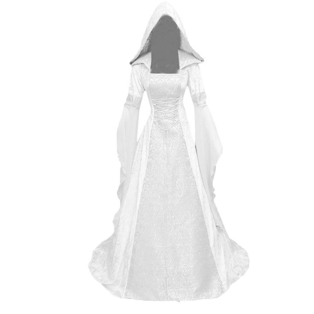 Women Gothic Cold Shoulder Midi Dress, Sheer Flare Bell Sleeve Front Corset Irregular Witch Costume Dress, Adult Halloween Dark Aesthetic Vintage Formal Evening Cosplay Party Outfit(Navy-2/M)