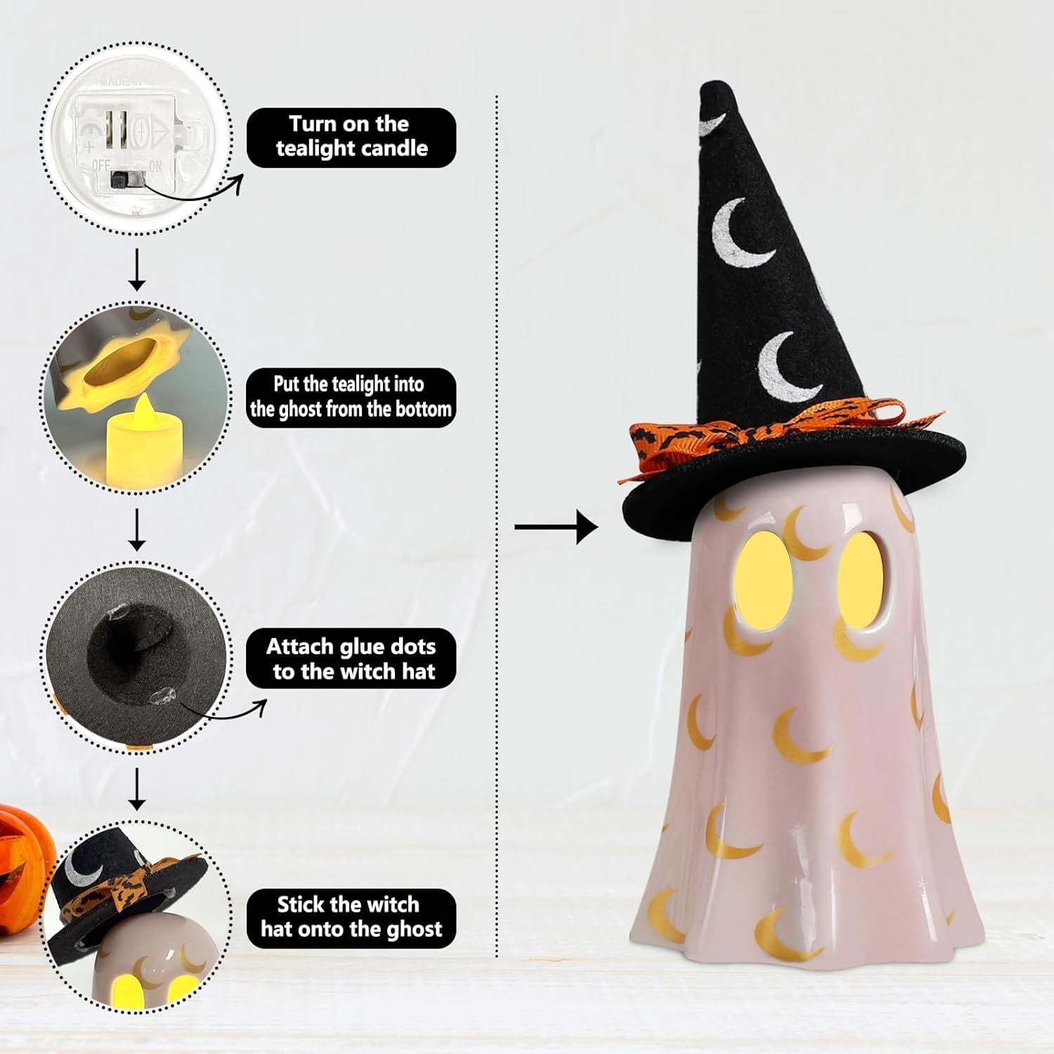3Pcs Ceramic Ghost Figurines with Witch Hats Halloween Table Decor Set for Mantel Shelf Centerpiece Gift