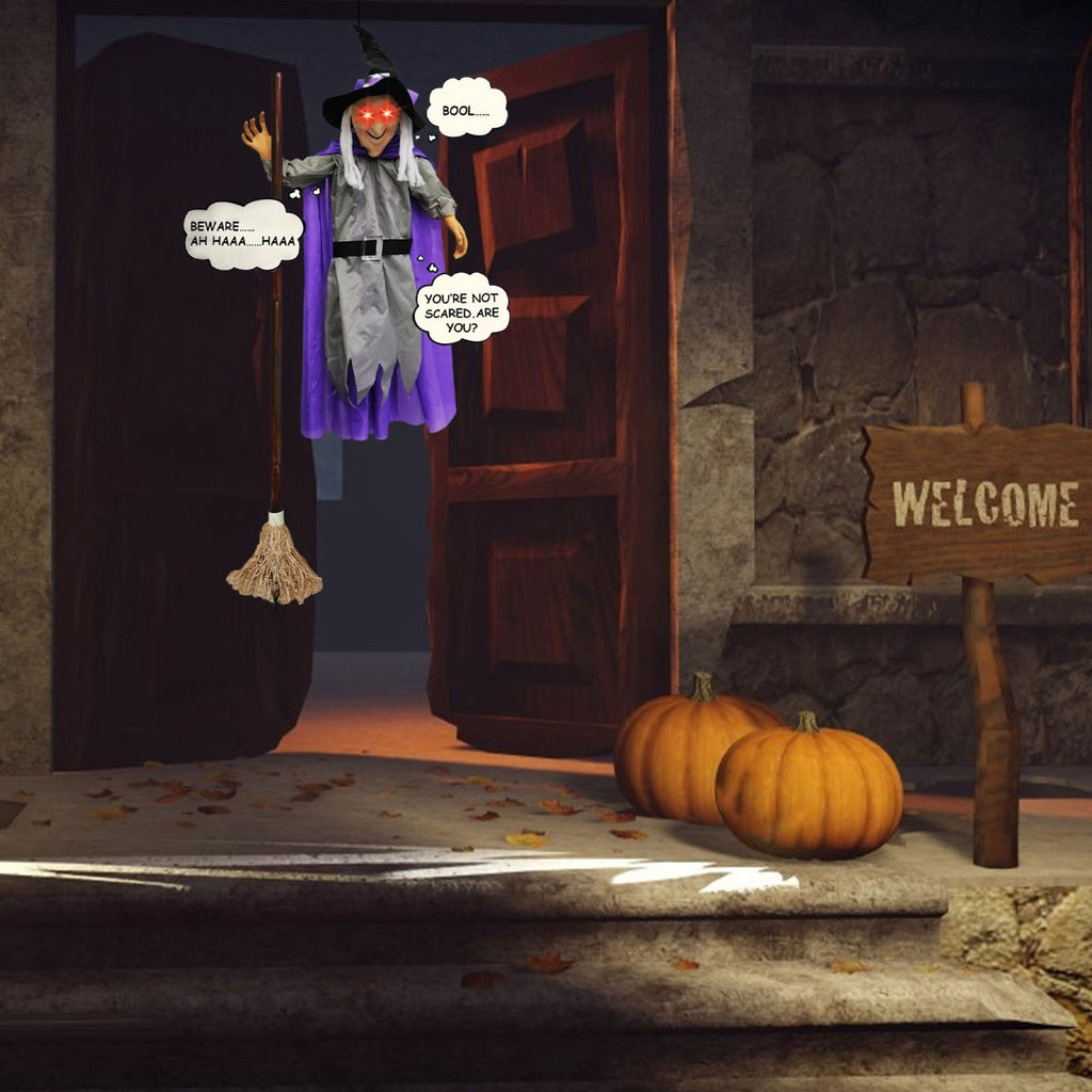 Halloween Flying Witch on Broom Decorations, 6 FT Animated Hovering Witch Animatronics Holding Sweeper Props with Scary Sounds and Lights, House Decor for Outside Indoor Garden Yard Lawn