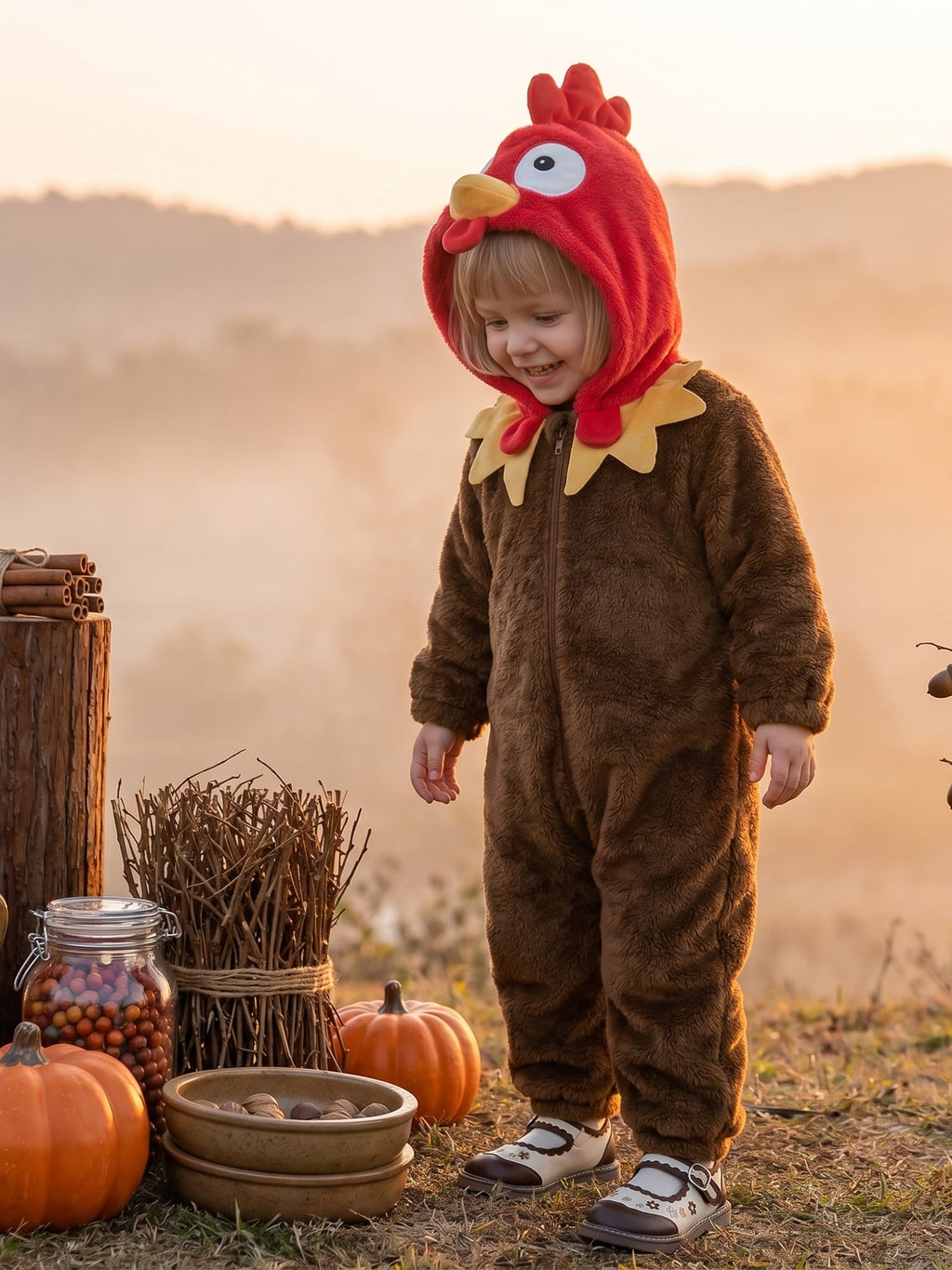 RUINIXCW Toddler Baby Boy Girl Thanksgiving Turkey Costume Newborn Baby Fall Winter Outfit Warm Fleece Hooded Jumpsuit Infant Zipper Romper Snowsuit