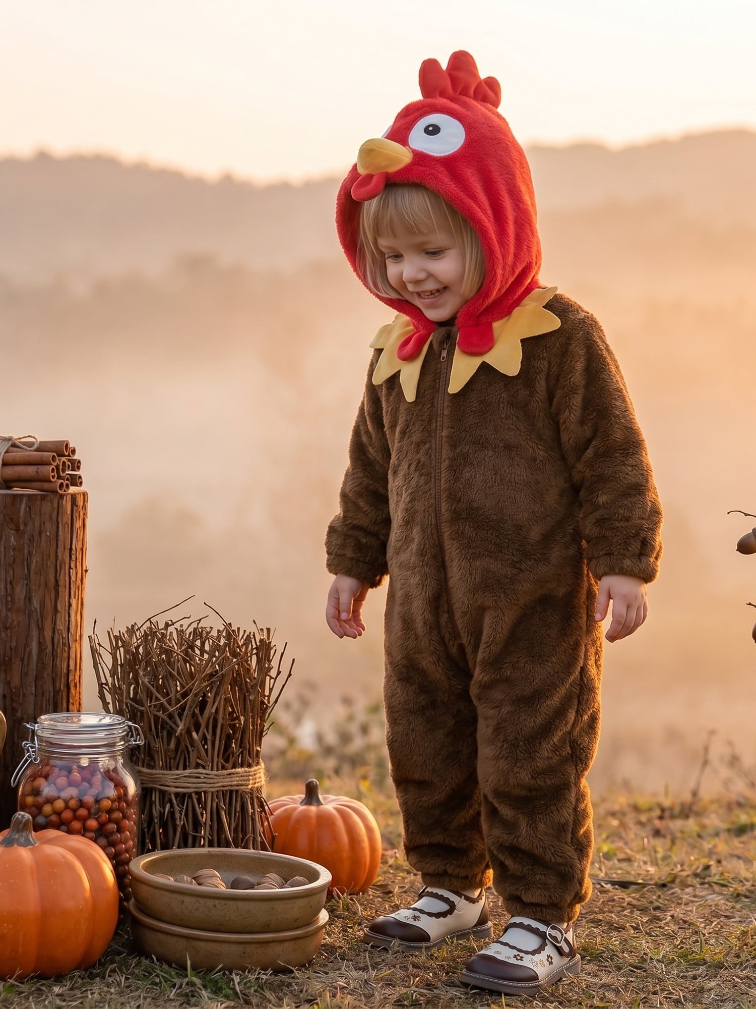 RUINIXCW Toddler Baby Boy Girl Thanksgiving Turkey Costume Newborn Baby Fall Winter Outfit Warm Fleece Hooded Jumpsuit Infant Zipper Romper Snowsuit